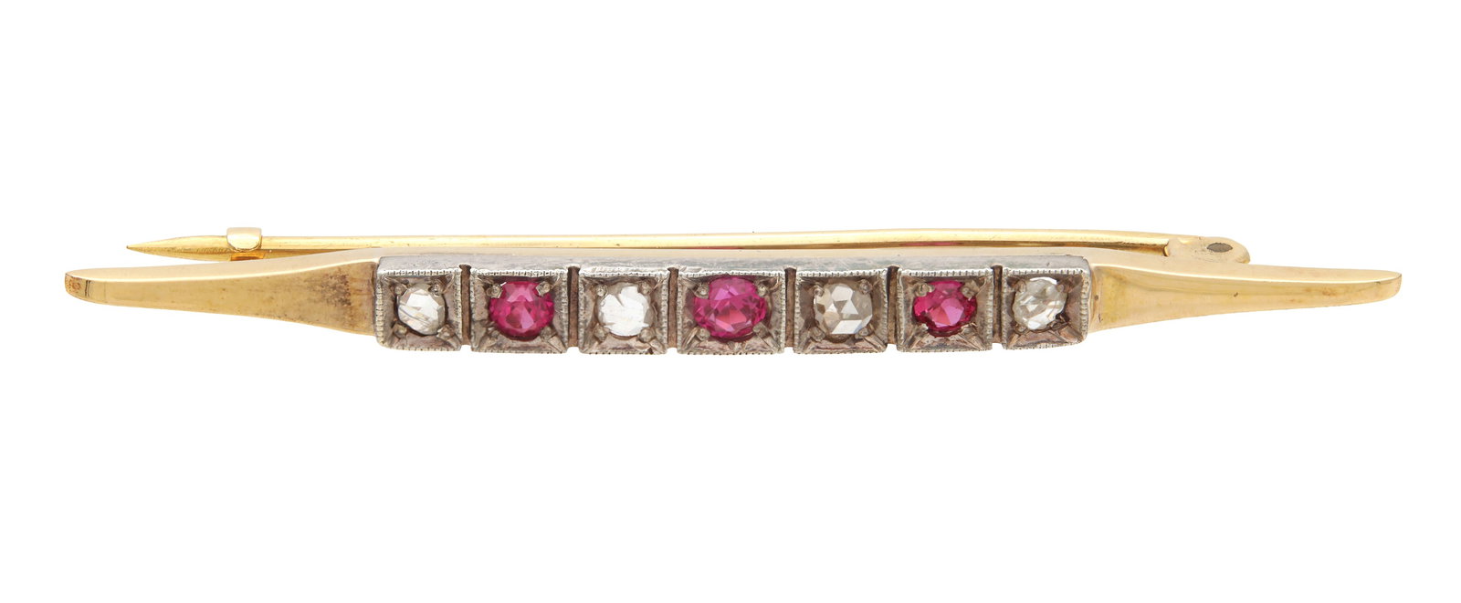 AN 18CT GOLD AND PLATINUM DIAMOND AND RUBY BAR BROOCH: AN 18CT GOLD AND PLATINUM DIAMOND AND RUBY BAR BROOCH of elongated bar form with a platinum front, set with alternating rose-cut diamonds and round-cut rubies in square milled settings, to an 18ct gol