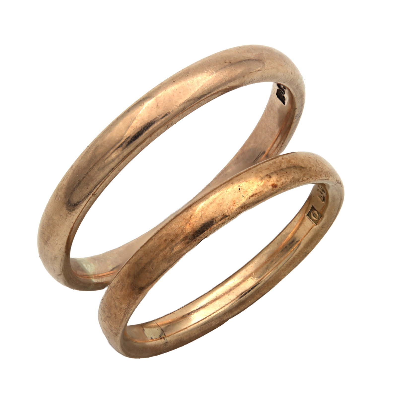 TWO MID 20TH CENTURY ENGLISH 9CT GOLD BANDS: TWO MID 20TH CENTURY ENGLISH 9CT GOLD BANDS one hallmarked 9ct Birmingham circa 1945 size L; the other hallmarked Birmingham circa 1939 size Q; total weight app. 4.6g. (Ring sizes L and Q; total weigh