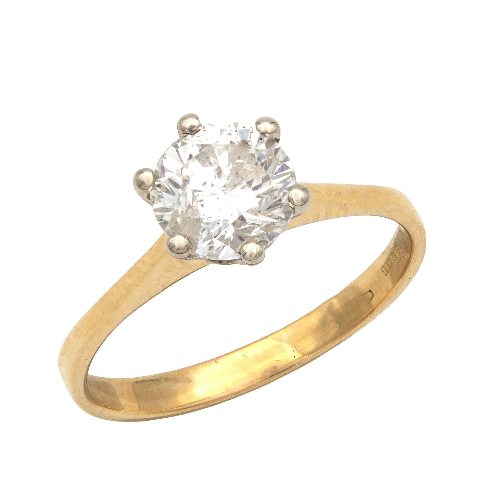 AN 18CT YELLOW GOLD SOLITAIRE DIAMOND RING: AN 18CT YELLOW GOLD SOLITAIRE DIAMOND RING the central round cut diamond app. 1.0ct in a six-claw setting, total weight app. 2.4g, size L 1/2. (Size L 1/2)