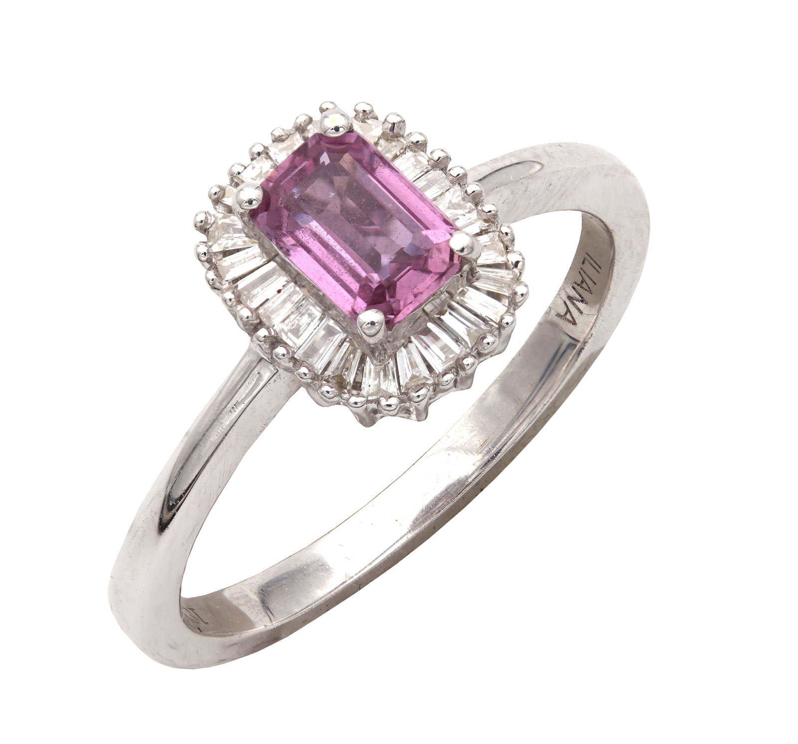 AN 18CT WHITE GOLD AND PINK SAPPHIRE RING: AN 18CT WHITE GOLD AND PINK SAPPHIRE RING set with a central 0.50ct pink sapphire within a baguette cut diamond surround, accompanied by its original box and authenticity card, total weight of the whi