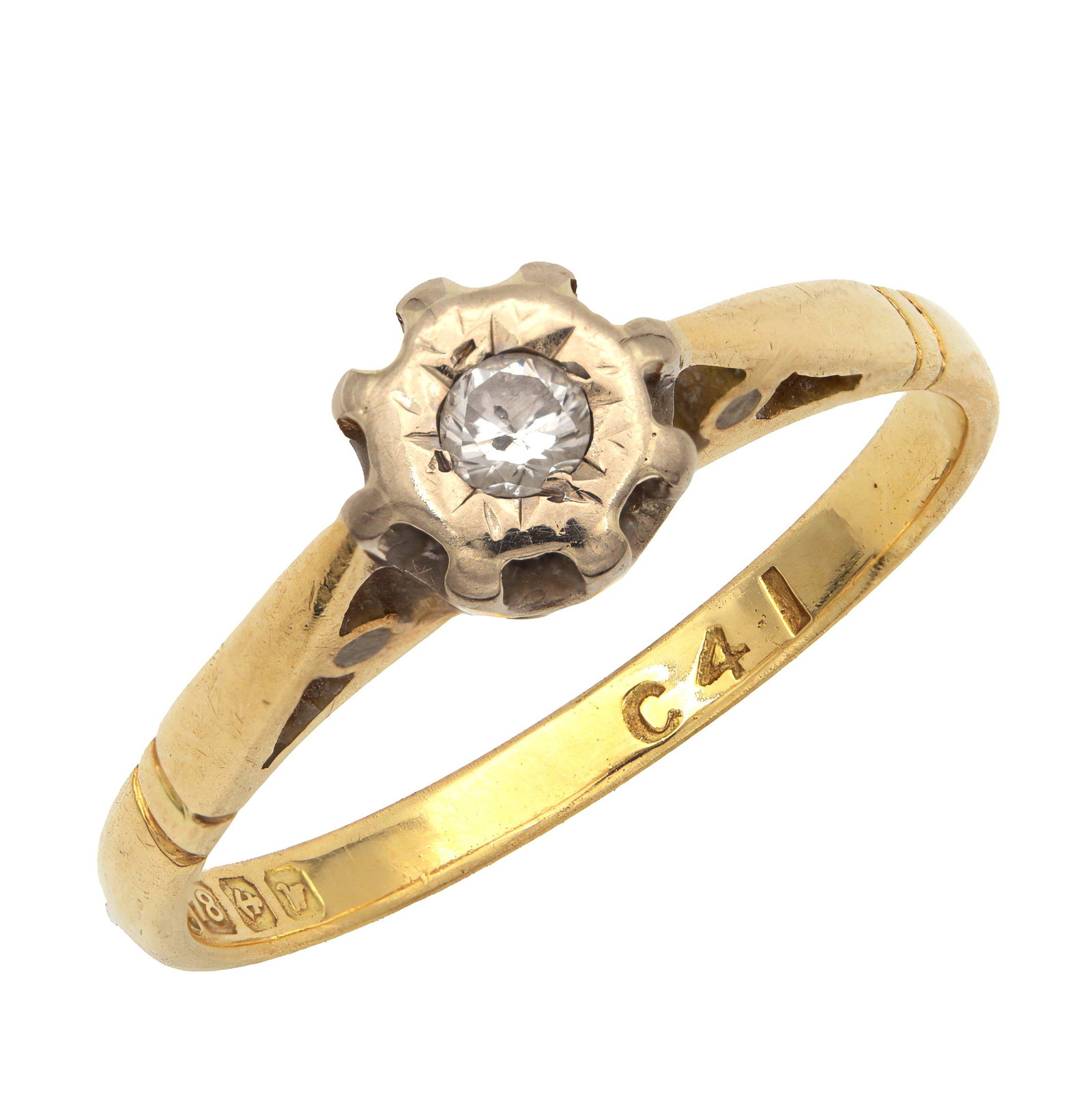 AN 18CT YELLOW GOLD AND DIAMOND SOLITAIRE RING: AN 18CT YELLOW GOLD AND DIAMOND SOLITAIRE RING having a central brilliant cut diamond mounted on an 18ct yellow gold band with decorative open work shoudlers. Total weight app. 2.2g. Size J.