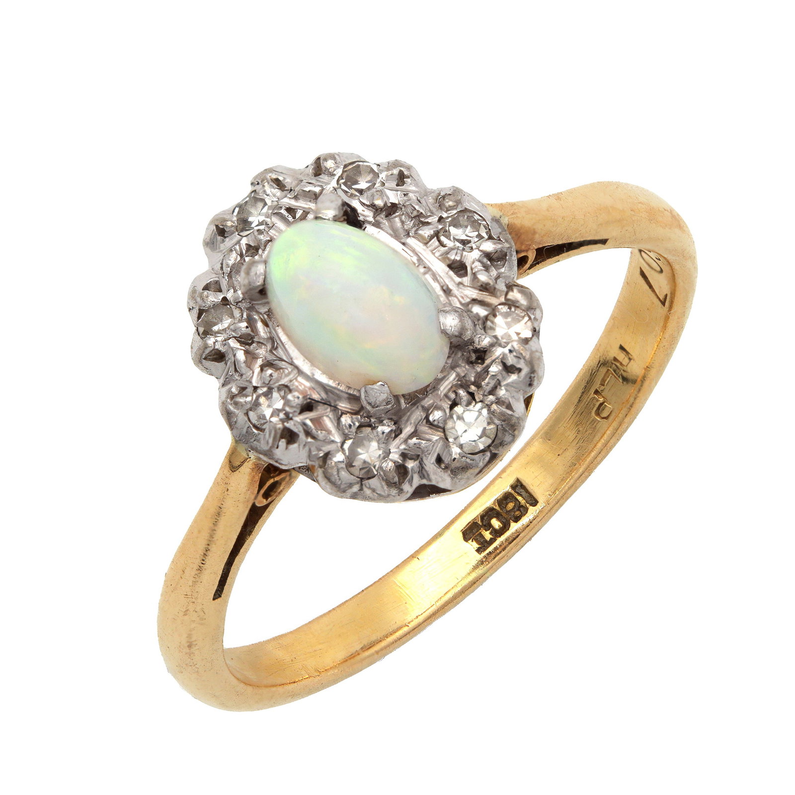 AN 18CT YELLOW GOLD OPAL AND DIAMOND CLUSTER RING: AN 18CT YELLOW GOLD OPAL AND DIAMOND CLUSTER RING having a central oval shaped opal with visible play of colour in a raised claw setting, surrounded by eight brilliant cut diamonds, with the shoulders
