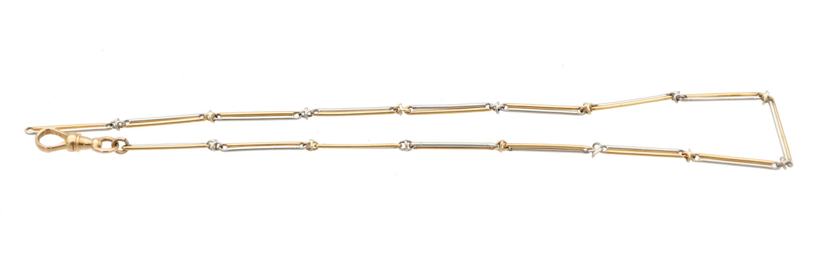 AN 18CT YELLOW AND WHITE GOLD BAR-LINK WATCH CHAIN: AN 18CT YELLOW AND WHITE GOLD BAR-LINK WATCH CHAIN with a dog clip clasp, hallmarked 18ct to the clasp. Total app. weight 12.2g. (Length 36.5cm)