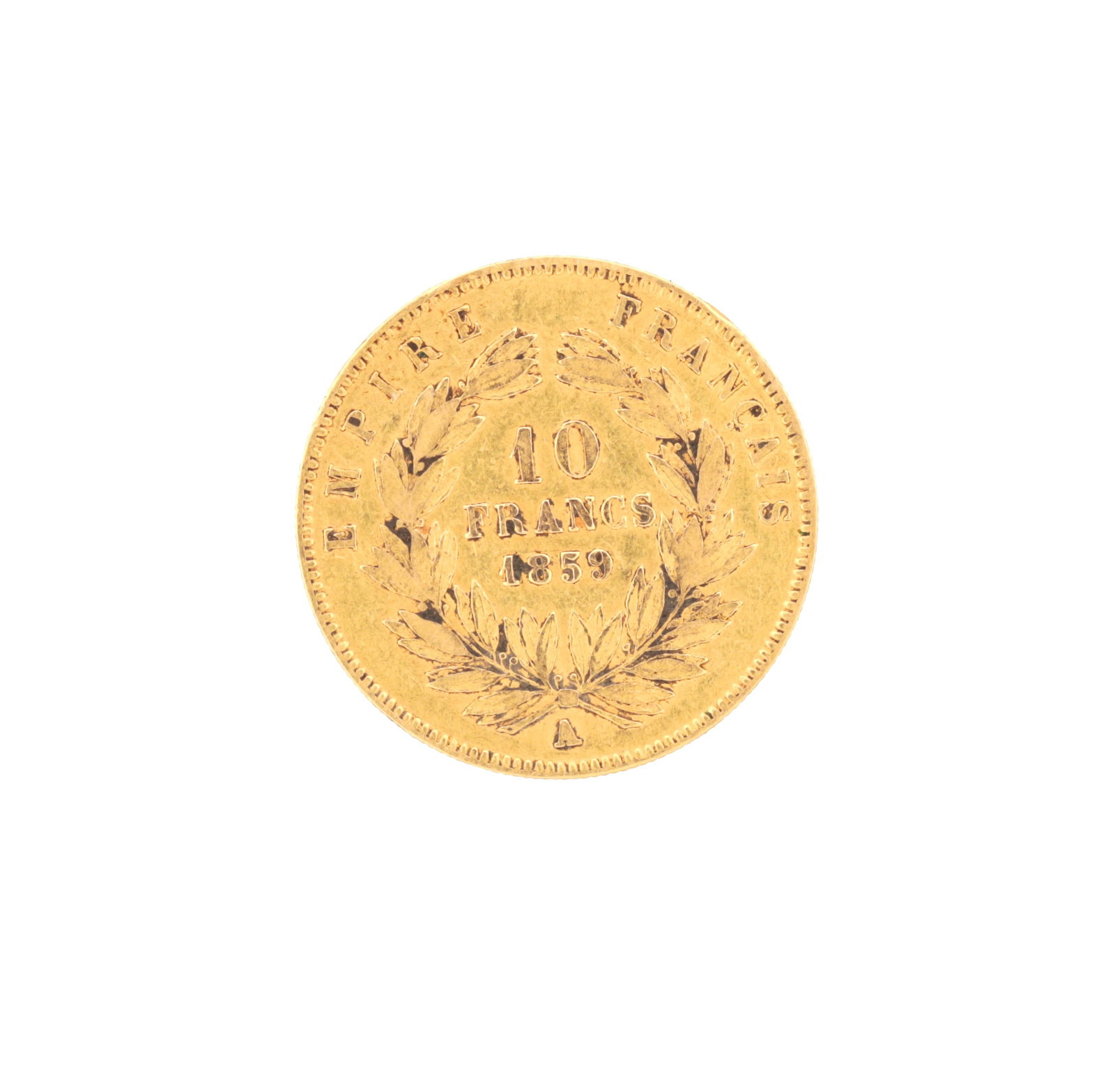AN 1859 FRENCH GOLD 10 FRANCS COIN OF NAPOLEON III: AN 1859 FRENCH GOLD 10 FRANCS COIN OF NAPOLEON III reverse with laurel wreath and EMPIRE FRANCAIS legend, with 'A' mintmark for Paris, total weight app. 3.2g. (Diameter 20mm)