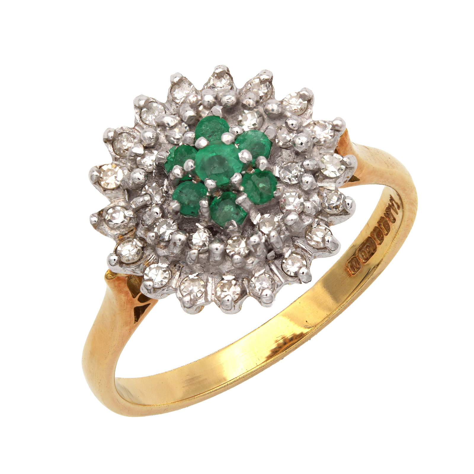 AN 18CT YELLOW GOLD EMERALD AND ZIRCONIA RING: AN 18CT YELLOW GOLD EMERALD AND ZIRCONIA RING having a central cluster of seven brilliant cut zirconias, surrounded by thirty brilliant cut diamonds, raised on a yellow gold band with open work decora