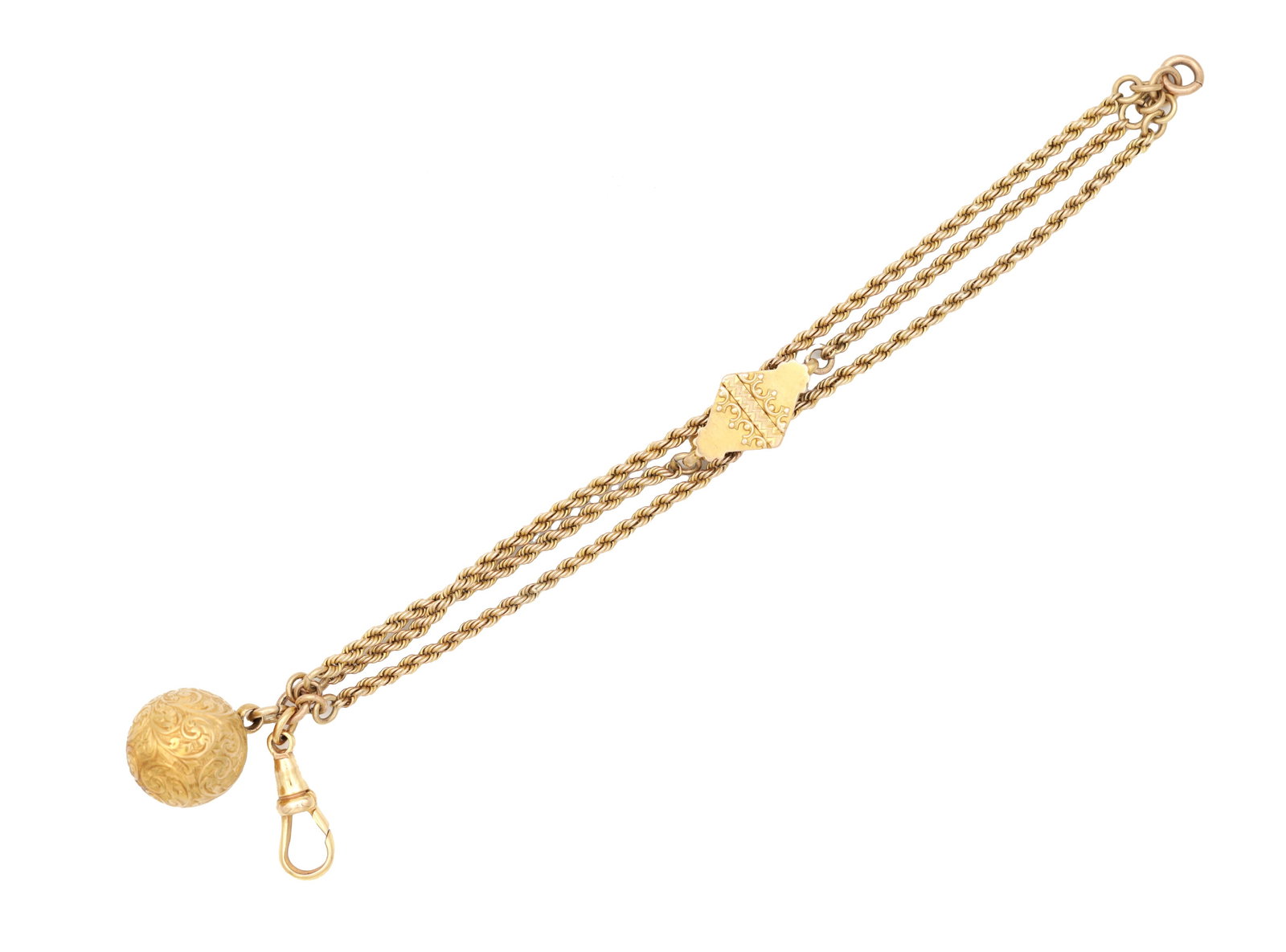 A 9CT YELLOW GOLD ALBERTINA WATCH CHAIN WITH EMBOSSED SLIDER AND FOLIATE ENGRAVED BALL: A 9CT YELLOW GOLD ALBERTINA WATCH CHAIN WITH EMBOSSED SLIDER AND FOLIATE ENGRAVED BALL having a dog clip clasp and triple rope twist links. Total weight app. 16.7g. (Length 17cm)