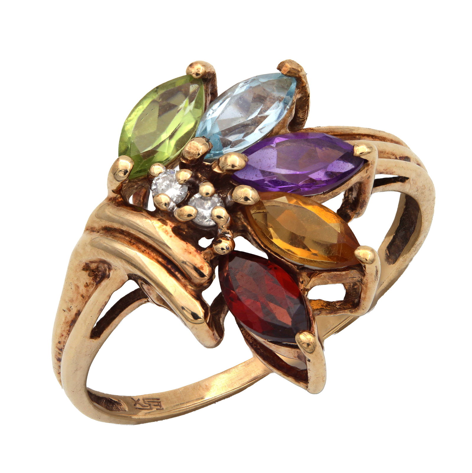 A 9CT YELLOW GOLD DIAMOND AND MULTI-GEMSTONE CLUSTER RING: A 9CT YELLOW GOLD DIAMOND AND MULTI-GEMSTONE CLUSTER RING set with a peridot, a blue topaz, a purple amethyst, a citrine and a red garnet, all marquise cut with a small round diamond cluster to the ce