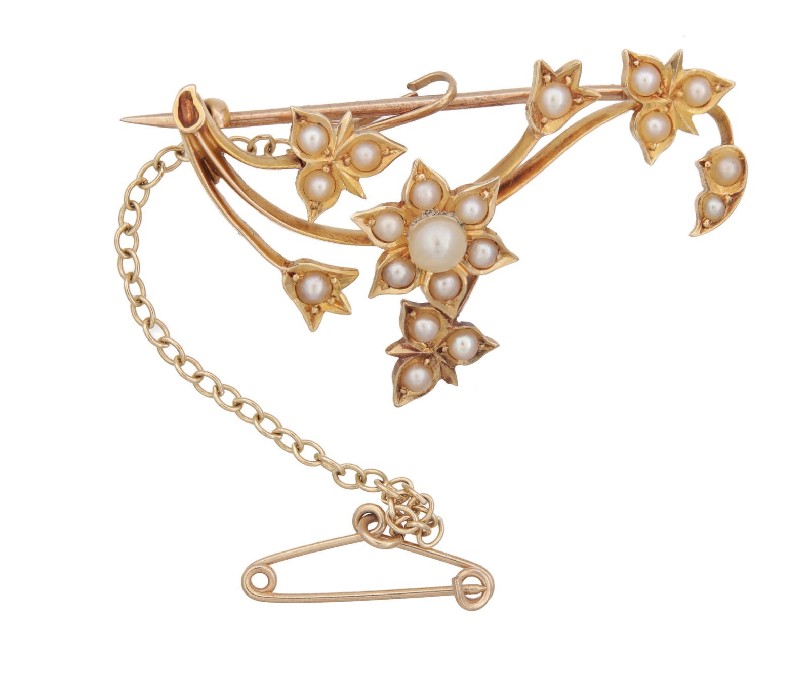 A 15CT YELLOW GOLD SEED PEARL AND FLOWER BROOCH: A 15CT YELLOW GOLD SEED PEARL AND FLOWER BROOCH the stem of the flower hallmarked 15ct, each flower and leaf mounted with seed pearls of varying sizes. Total weight app. 4.2g. The pin chain is not hal