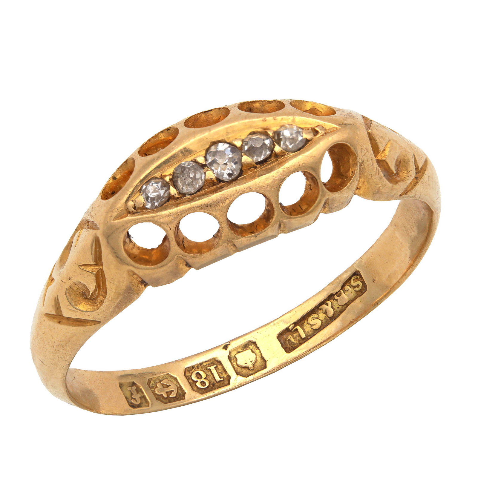 A VICTORIAN 18CT YELLOW GOLD AND DIAMOND RING: A VICTORIAN 18CT YELLOW GOLD AND DIAMOND RING hallmarked Birmingham 18ct with date letter f and maker's mark S.B. & S. Ltd Solomon Blanckensee & Sons Ltd set with five diamonds in a boat-shaped head w
