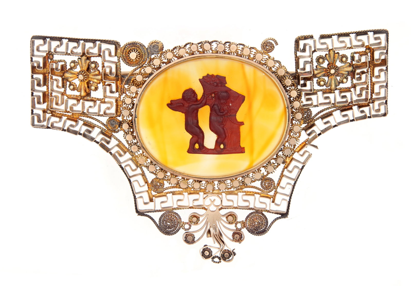 A 19TH CENTURY GOLD METAL PIERCED CAMEO BROOCH: A 19TH CENTURY GOLD METAL PIERCED CAMEO BROOCH with oval centre having a moulded glass classical scene mounted on an agate backing, the surround with Greek key and leafwork decoration, fitted in origi