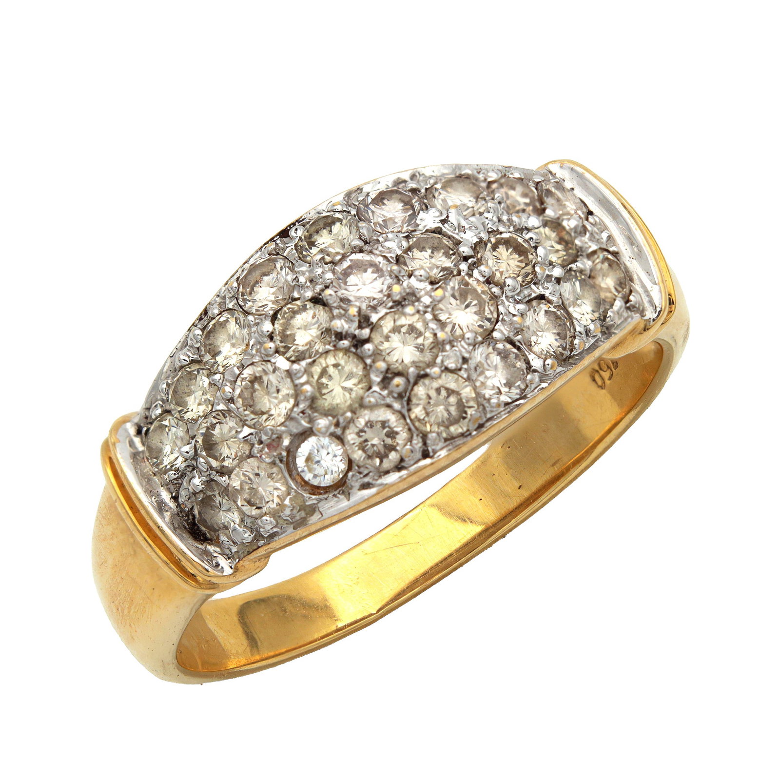 AN 18CT YELLOW GOLD DIAMOND PAVE DOME RING: AN 18CT YELLOW GOLD DIAMOND PAVE DOME RING set with twenty-eight brilliant cut diamonds approximately 0.875ct total to a white metal pave dome on an 18ct yellow gold band with raised banded shoulders.