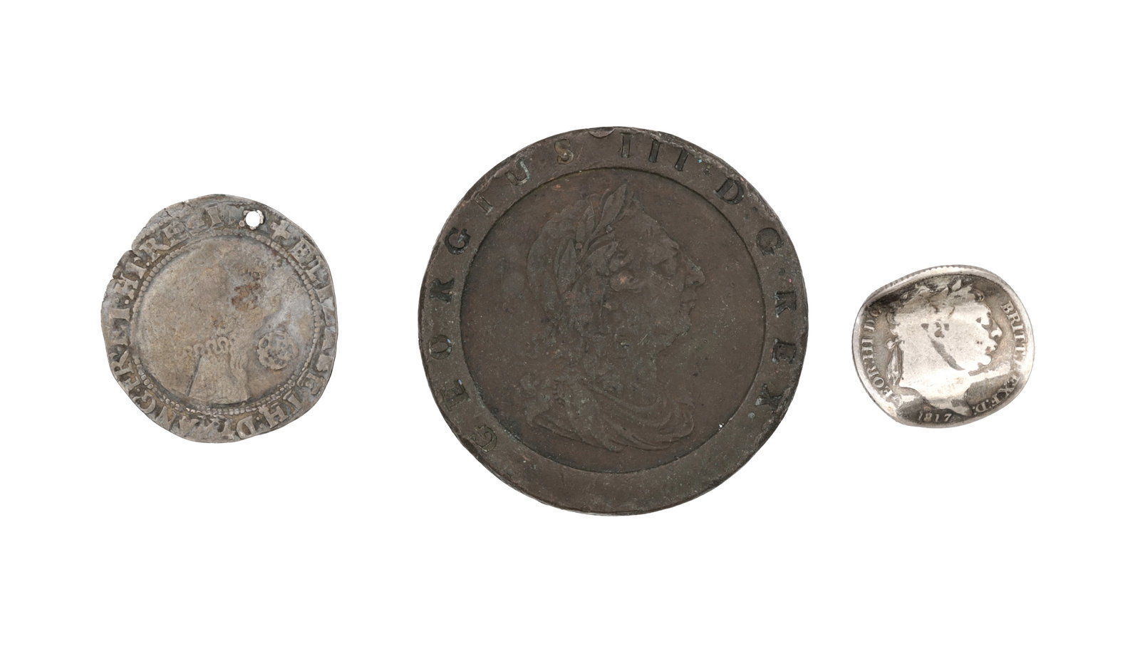 A COLLECTION OF THREE BRITISH COINS: A COLLECTION OF THREE BRITISH COINS comprising a Queen Elizabeth I hammered sixpence dated 1573, a George III silver sixpence dated 1817, and a George III copper "Cartwheel" twopence. Total weight of