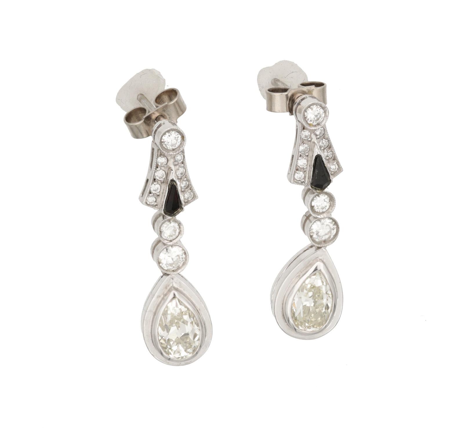 A PAIR OF PLATINUM, DIAMOND AND ONYX PENDANT EARRINGS: A PAIR OF PLATINUM, DIAMOND AND ONYX PENDANT EARRINGS the pear-shaped diamonds bezel set in platinum and suspended from stylised tops inlaid with onyx and brilliant-cut diamonds, pear diamonds 0.75ct