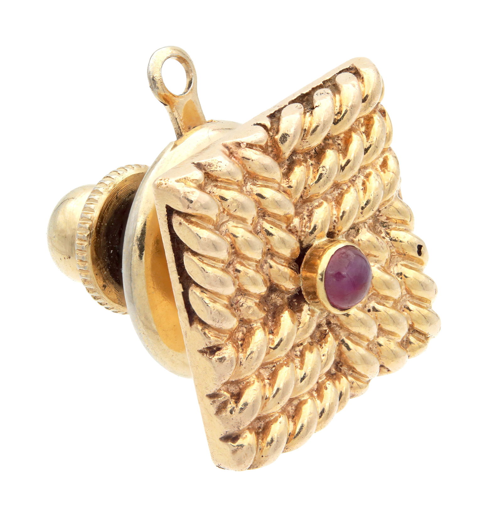 A 14CT GOLD AND RUBY TIFFANY & CO. TIE TACK: A 14CT GOLD AND RUBY TIFFANY & CO. TIE TACK with a textured square front centred by a cabochon ruby, to a domed 14ct gold mount stamped TIFFANY & CO. 14K with integral loop and push pin fitting. Total