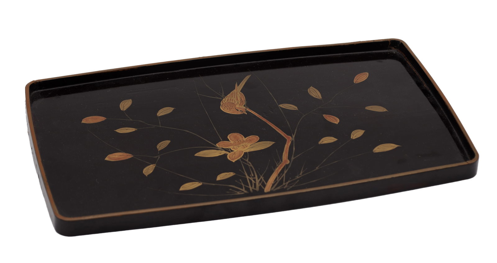 AN EARLY/MID 20TH CENTURY LACQUERWARE TRAY: AN EARLY/MID 20TH CENTURY LACQUERWARE TRAY decorated with a gold coloured bird amongst grass. (34cm by 20cm)