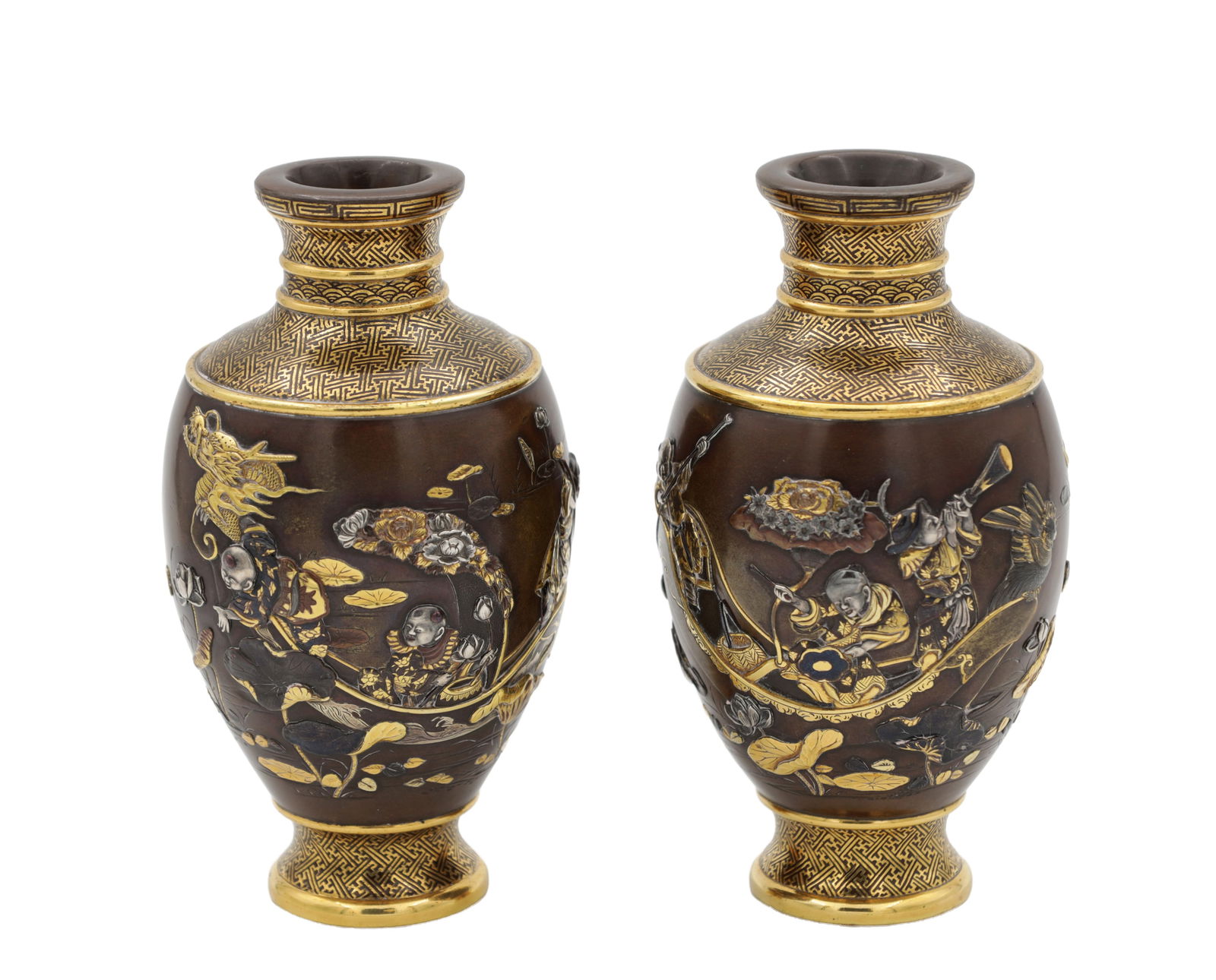 A FINE PAIR OF MEIJI PERIOD JAPANESE BRONZE VASES: A FINE PAIR OF MEIJI PERIOD JAPANESE BRONZE VASES of baluster form with everted rims and short necks decorated with geometric key pattern bands above ovid bodies finely worked in relief with figures i