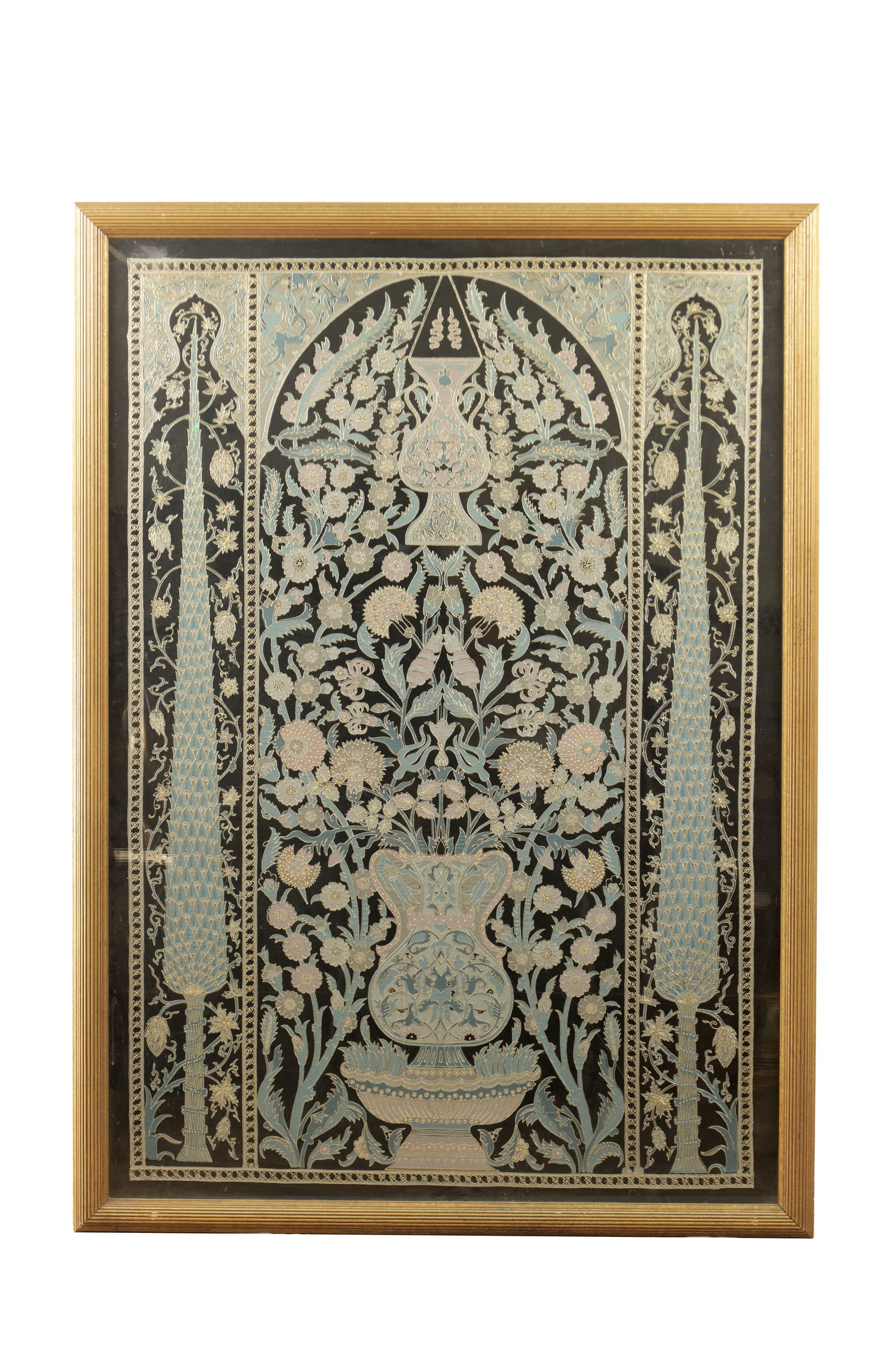 A LATE 19TH/EARLY 20TH CENTURY CHINESE SILK EMBROIDERY PANEL: A LATE 19TH/EARLY 20TH CENTURY CHINESE SILK EMBROIDERY PANEL of rectangular form worked in pastel silks with couched silver thread on a dark ground, the design with opposed vases at top and bottom iss