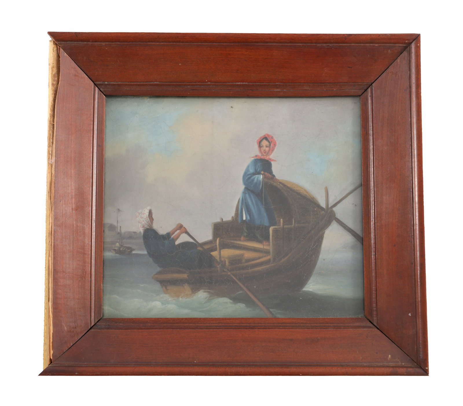 A 19TH CENTURY CHINESE SCHOOL OIL PAINTING: A 19TH CENTURY CHINESE SCHOOL OIL PAINTING depicting two women in traditional dress aboard a small wooden boat, one standing holding an oar and the other seated rowing, with distant vessels upon a cal