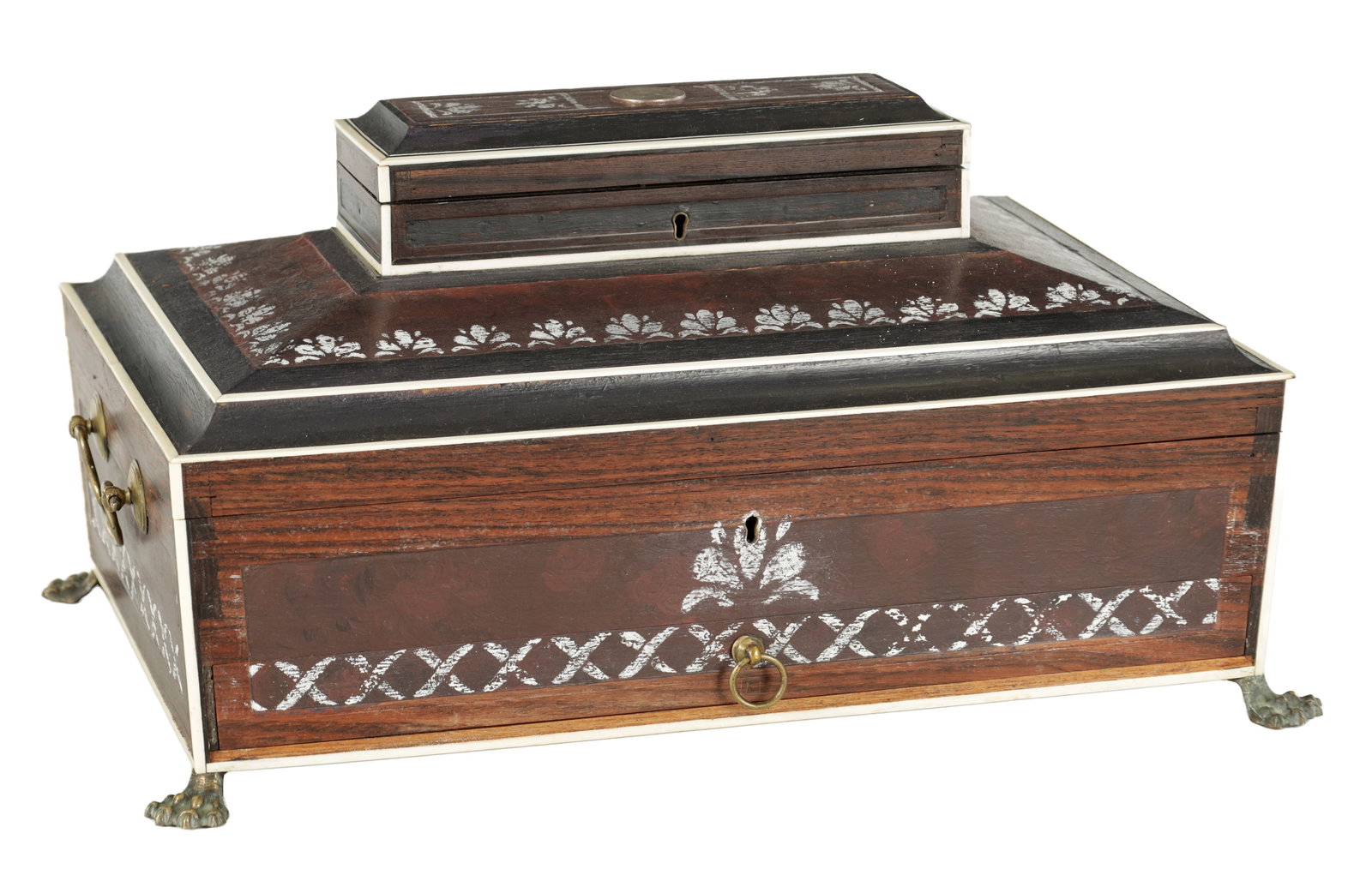A LARGE EARLY 19TH CENTURY ANGLO INDIAN WORKBOX: A LARGE EARLY 19TH CENTURY ANGLO INDIAN WORKBOX of sarcophagus shape with ivory banding, brass side handles and sliding writing slope drawer to the front raised on four nickel lions paw feet, the hing