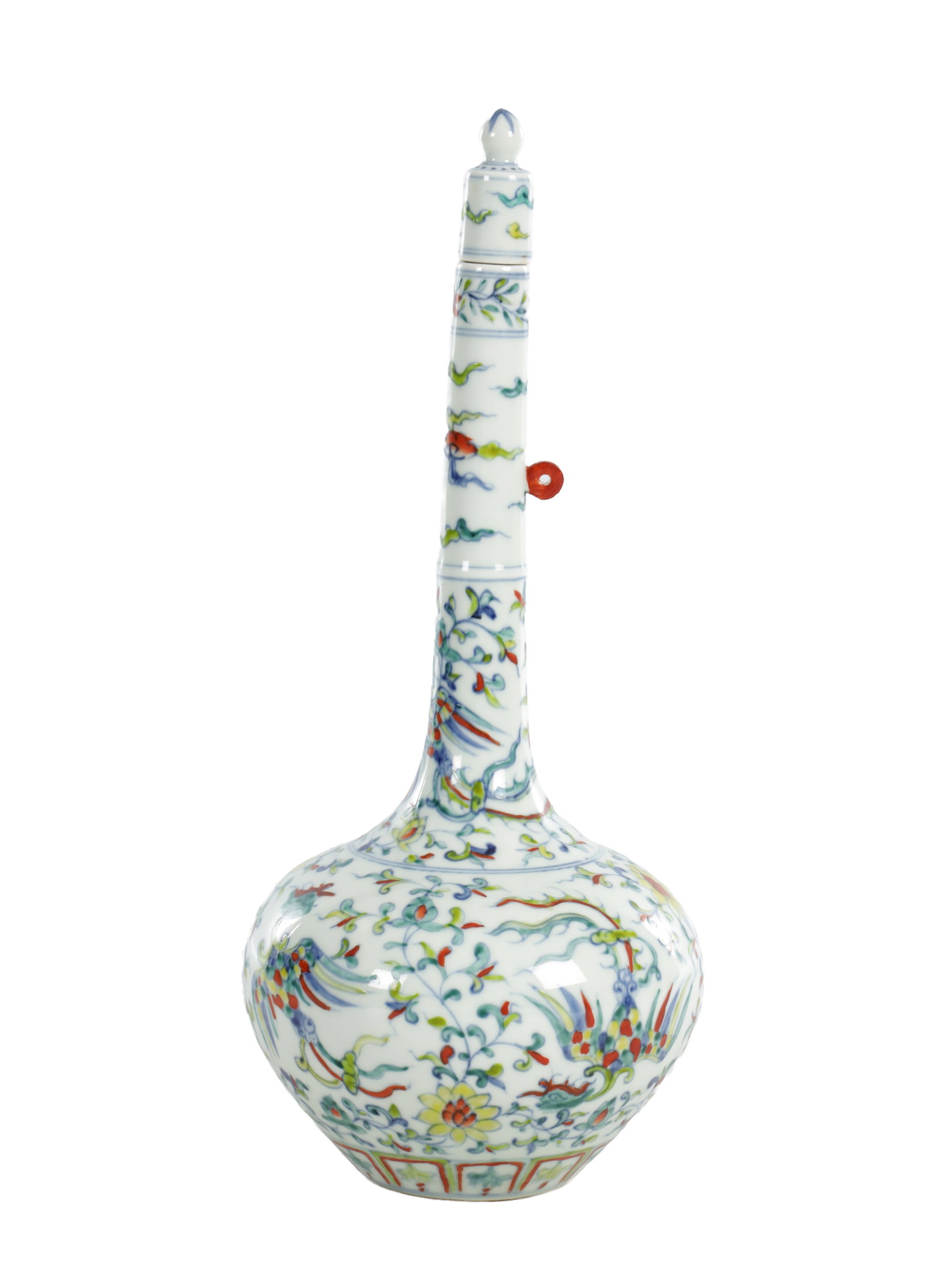 A 20TH CENTURY CHINESE FAMILLE VERTE PORCELAIN BOTTLE VASE AND STOPPER: A 20TH CENTURY CHINESE FAMILLE VERTE PORCELAIN BOTTLE VASE AND STOPPER of globular form with a tall cylindrical neck and domed stopper, decorated with phoenix amongst scrolling foliage and stylised fl