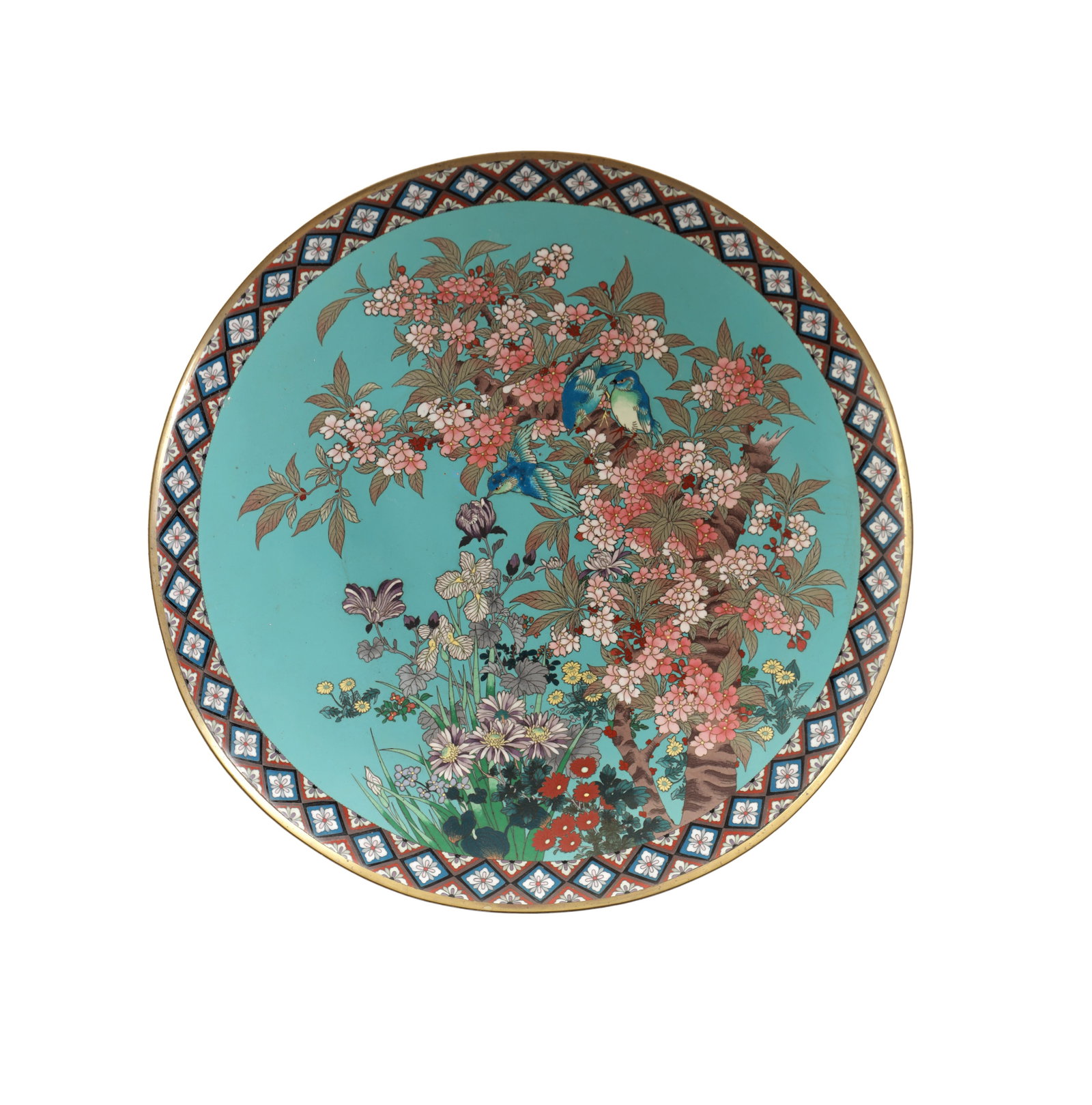 A LATE 19TH CENTURY JAPANESE CLOISONNE ENAMEL CHARGER: A LATE 19TH CENTURY JAPANESE CLOISONNE ENAMEL CHARGER of circular form richly enamelled with birds perched amid prunus, chrysanthemum and grasses within a diamond diaper border, the rim with gilt meta