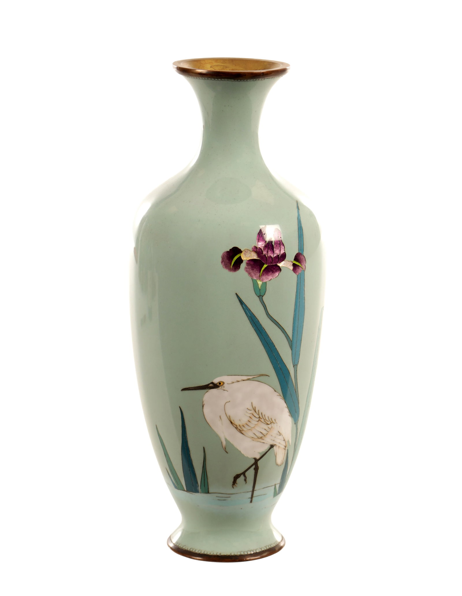 A LATE 19TH CENTURY JAPANESE CLOISONNÉ ENAMEL VASE: A LATE 19TH CENTURY JAPANESE CLOISONNÉ ENAMEL VASE of baluster form with waisted neck and everted rim, decorated on a pale celadon ground with a crane standing amongst iris, raised on a short foot wi