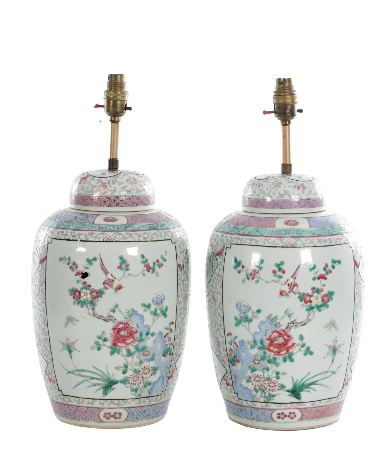 A PAIR OF 19TH CENTURY CHINESE FAMILLE ROSE PORCELAIN JARS AND COVERS CONVERTED TO TABLE LAMPS: A PAIR OF 19TH CENTURY CHINESE FAMILLE ROSE PORCELAIN JARS AND COVERS CONVERTED TO TABLE LAMPS each of shouldered form with domed covers, painted with panels of flowering branches with birds and insec