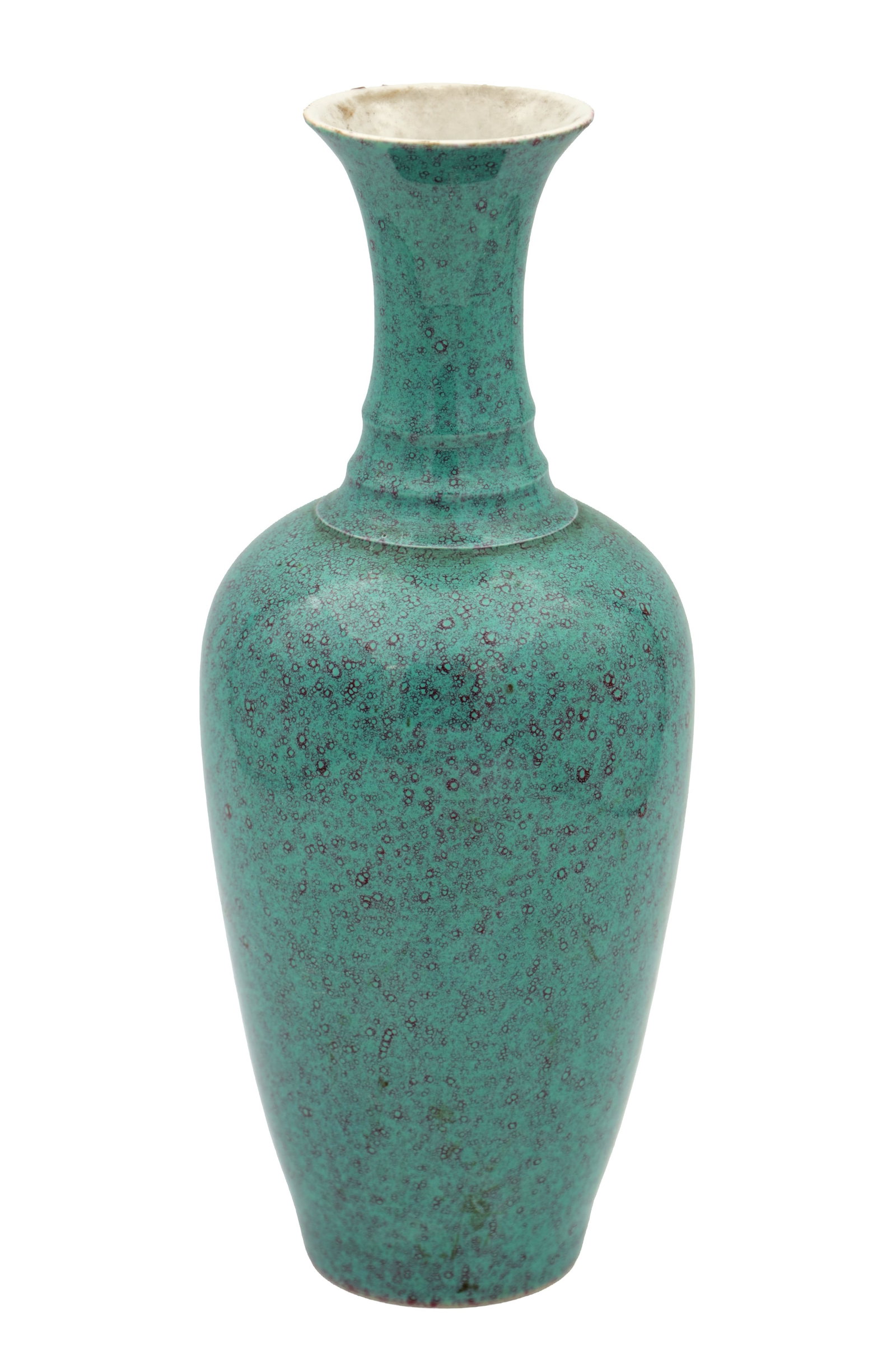 A CHINESE ROBIN'S EGG GLAZED PORCELAIN VASE: A CHINESE ROBIN'S EGG GLAZED PORCELAIN VASE of baluster form with a waisted neck and flared rim, the body covered in a mottled turquoise glaze - six character mark to the base. (25cm high)