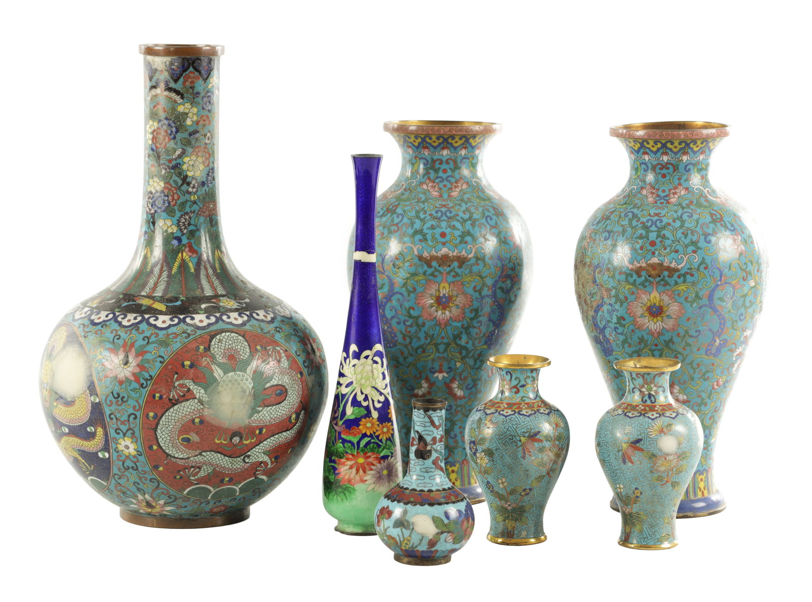 A COLLECTION OF 19TH CENTURY CHINESE CLOISONNE ENAMEL VASES: A COLLECTION OF 19TH CENTURY CHINESE CLOISONNE ENAMEL VASES comprising two pairs and three single vases of baluster and bottle form on predominantly turquoise blue grounds with all-round floral decora