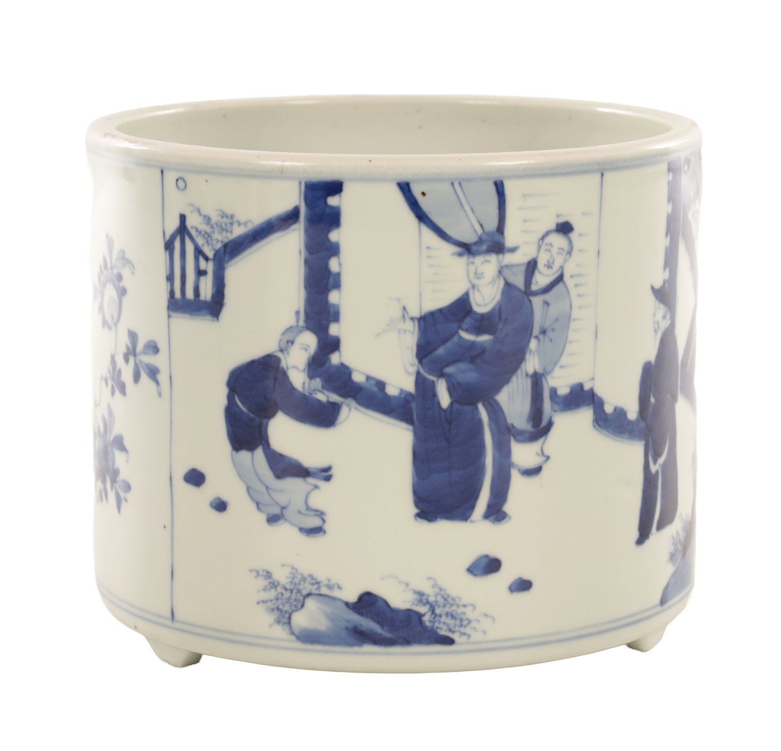AN EARLY 20TH CENTURY CHINESE BLUE AND WHITE PORCELAIN JARDINIERE: AN EARLY 20TH CENTURY CHINESE BLUE AND WHITE PORCELAIN JARDINIERE of cylindrical form with a thickened rim, the exterior painted in underglaze blue with continuous figural scenes within landscape sett