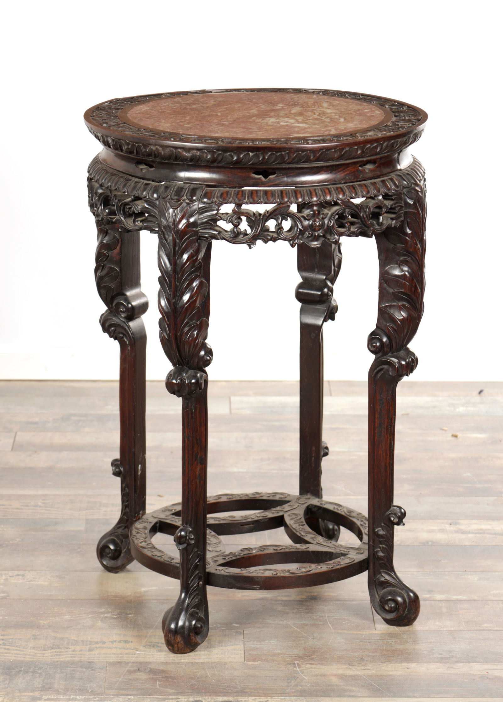 A 19TH CENTURY CHINESE CARVED HARDWOOD JARDINIERE STAND WITH INSET MARBLE TOP (1 of 5)