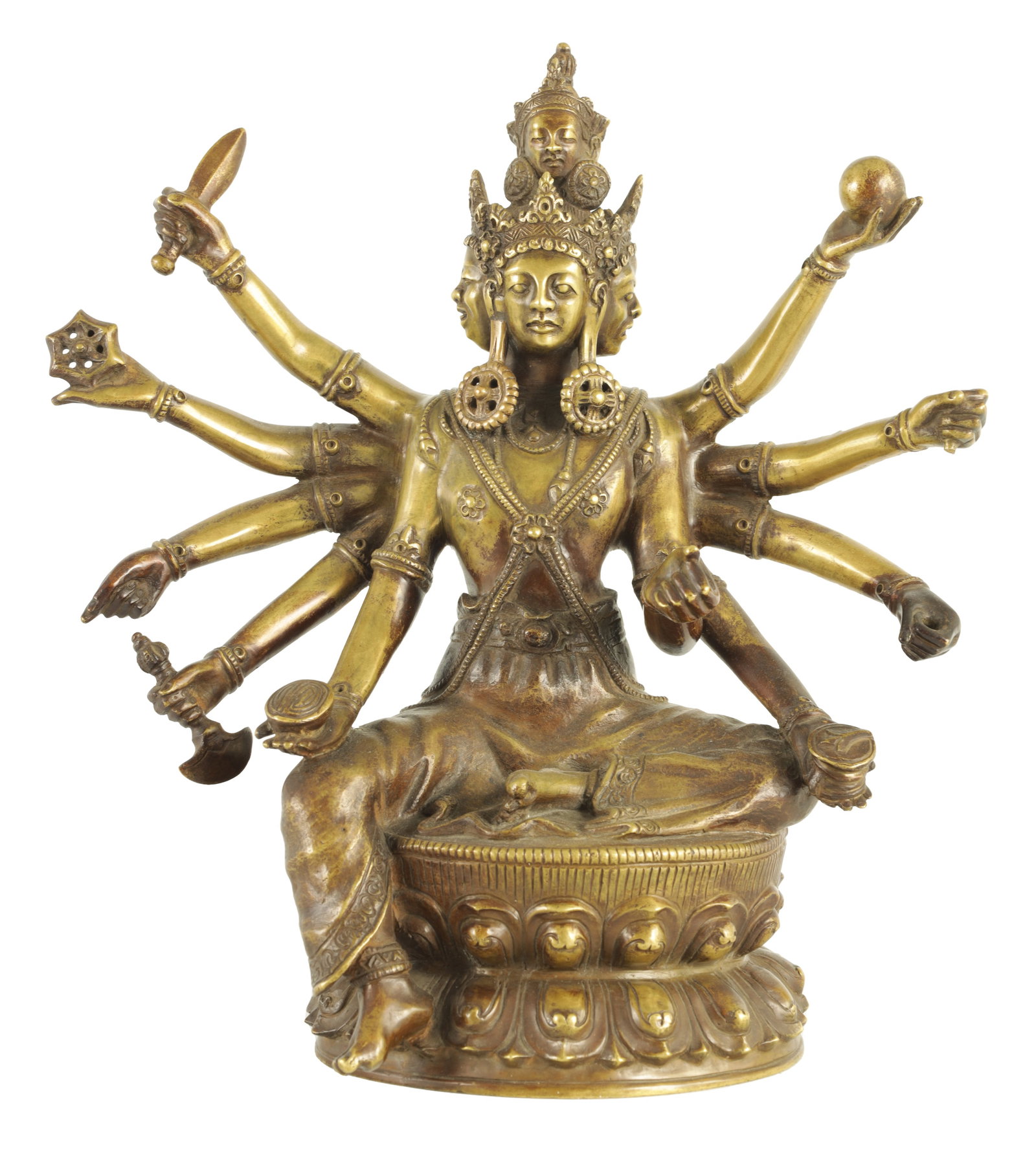 AN 18TH/19TH CENTURY TIBETAN BRONZE FIGURE OF CHAKRASAMVARA: AN 18TH/19TH CENTURY TIBETAN BRONZE FIGURE OF CHAKRASAMVARA modelled four-headed and ten-armed with ritual attributes, wearing an elaborate crown and jewellery seated in lalitasana on a double lotus l
