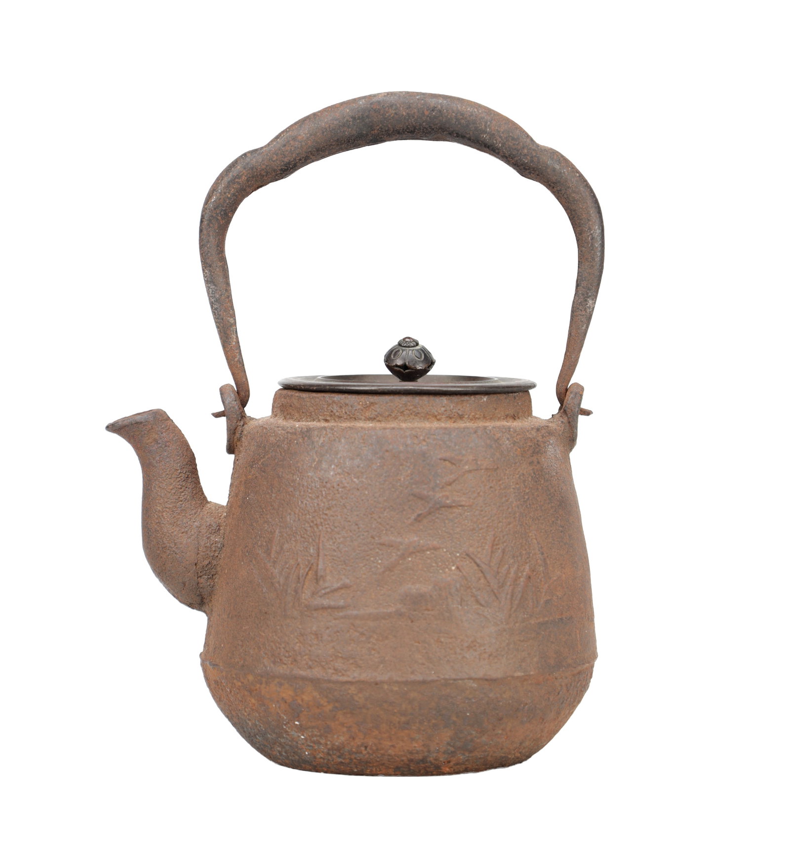AN 18TH/19TH CENTURY JAPANESE CAST IRON TETSUBIN TEAPOT WITH BRONZE LID: AN 18TH/19TH CENTURY JAPANESE CAST IRON TETSUBIN TEAPOT WITH BRONZE LID of rounded tapering form with short spout and arched swing handle, the textured body with low relief grasses and bird motifs, th
