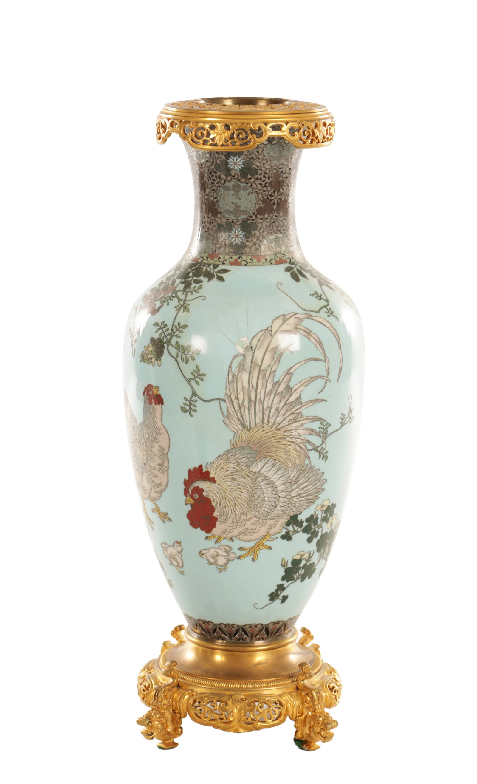 A LARGE MEIJI PERIOD JAPANESE CLOISONNE ENAMEL VASE WITH ORMOLU MOUNTS ON STAND: A LARGE MEIJI PERIOD JAPANESE CLOISONNE ENAMEL VASE WITH ORMOLU MOUNTS ON STAND of baluster form with a waisted neck and everted rim, decorated with a cockerel and hen amid flowering prunus on a pale