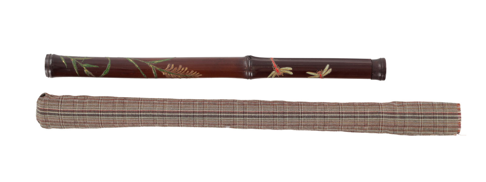 A SIGNED MEIJI PERIOD JAPANESE BAMBOO BRUSH HOLDER CARVED AND COLOURED WITH DRAGONFLIES AND GRASSES: A SIGNED MEIJI PERIOD JAPANESE BAMBOO BRUSH HOLDER CARVED AND COLOURED WITH DRAGONFLIES AND GRASSES of cylindrical noded form with a polished brown surface, signed to the side, together with a woven c