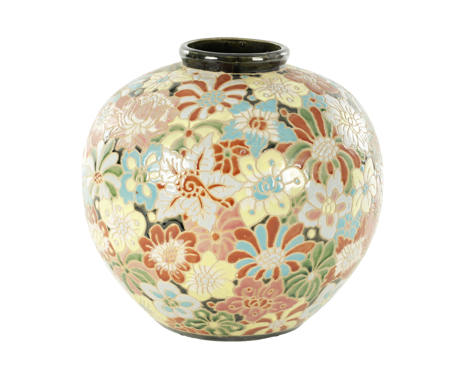 A 20TH CENTURY CHINESE ENAMELLED CERAMIC VASE: A 20TH CENTURY CHINESE ENAMELLED CERAMIC VASE of globular ovoid form with short neck and dark glazed rim, decorated all over with raised polychrome floral decoration on a pale ground. (29cm high and 3