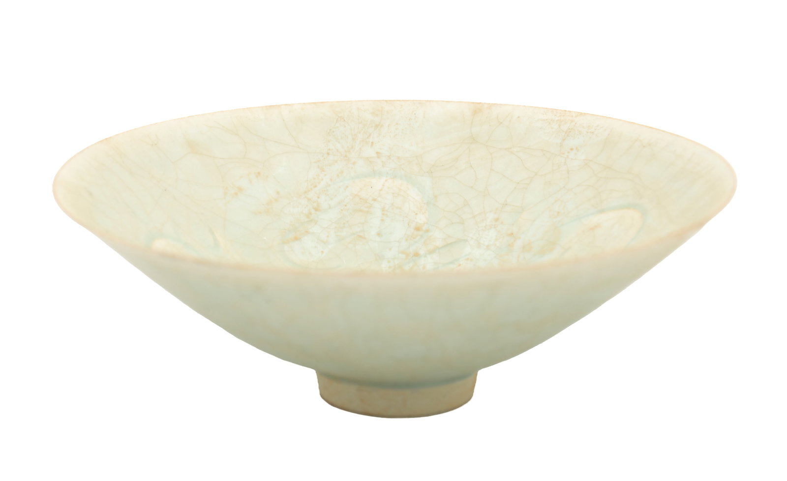 A CHINESE CELADON CRACKLE-GLAZED PORCELAIN BOWL: A CHINESE CELADON CRACKLE-GLAZED PORCELAIN BOWL of shallow conical form with lightly everted rim on a short circular foot, covered inside and out in a pale celadon glaze with pronounced crackle. (Heig