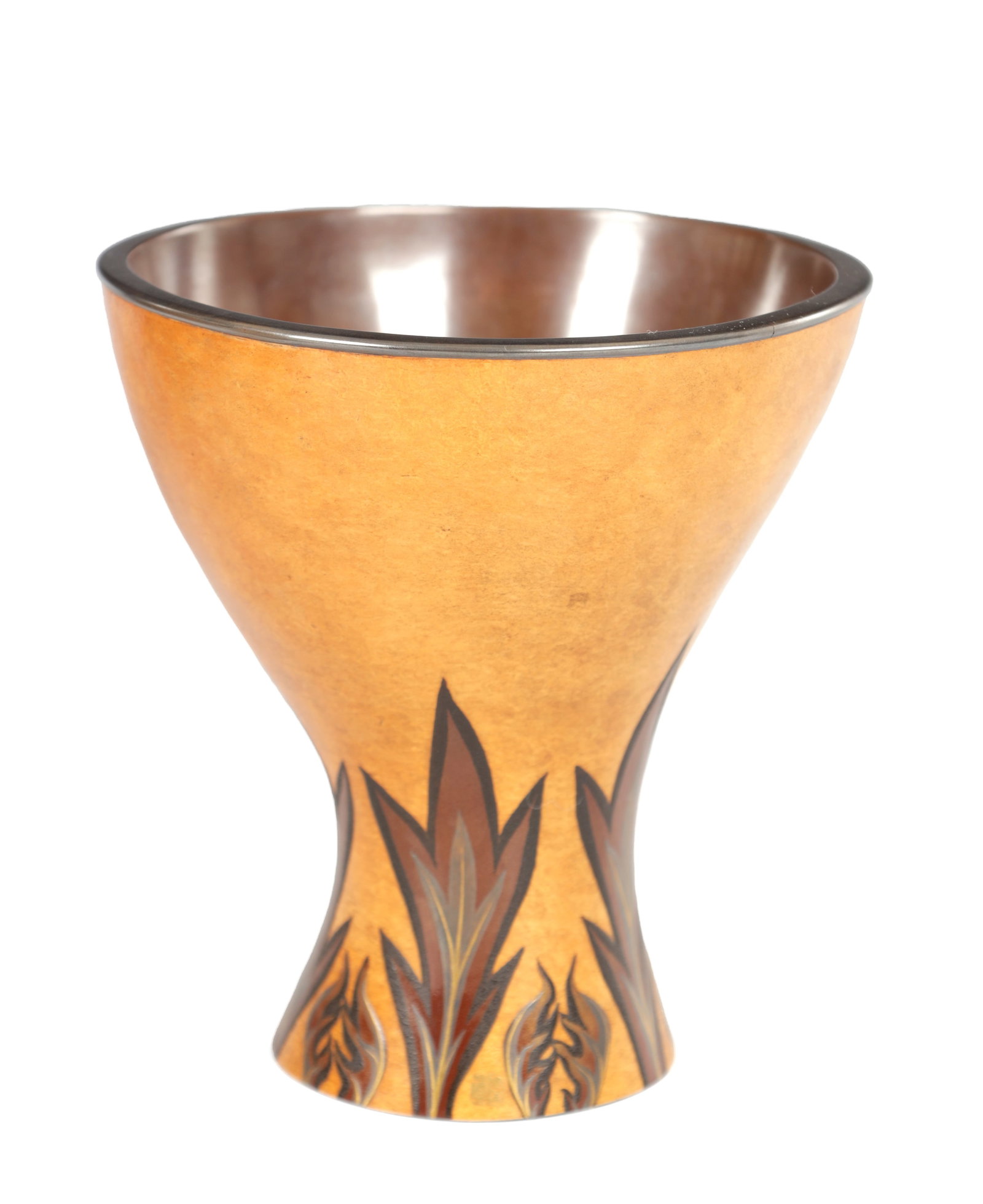 UMEZAWA RYUSHIN (JAPANESE, 1874-1953) A MEIJI PERIOD NATURAL GOURD HAISE: UMEZAWA RYUSHIN (JAPANESE, 1874-1953) A MEIJI PERIOD NATURAL GOURD HAISE of flared conical form with a tall waisted splayed foot, lacquered in gold with a border of stylised leaves, signed with a gold