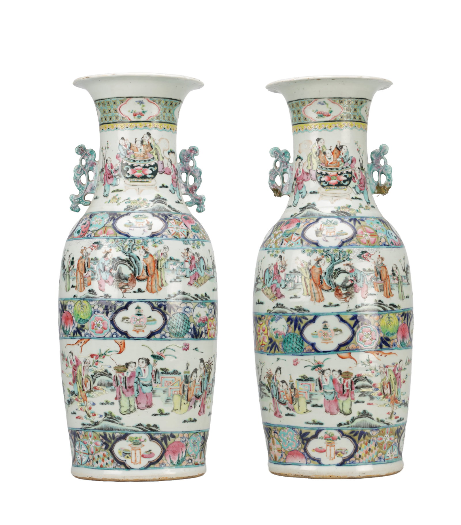 A PAIR OF 19TH CENTURY CHINESE FAMILLE ROSE PORCELAIN BALUSTER VASES: A PAIR OF 19TH CENTURY CHINESE FAMILLE ROSE PORCELAIN BALUSTER VASES of banded decoration with figural scenes and floral reserves, the waisted necks with flared rims and applied turquoise scroll handl