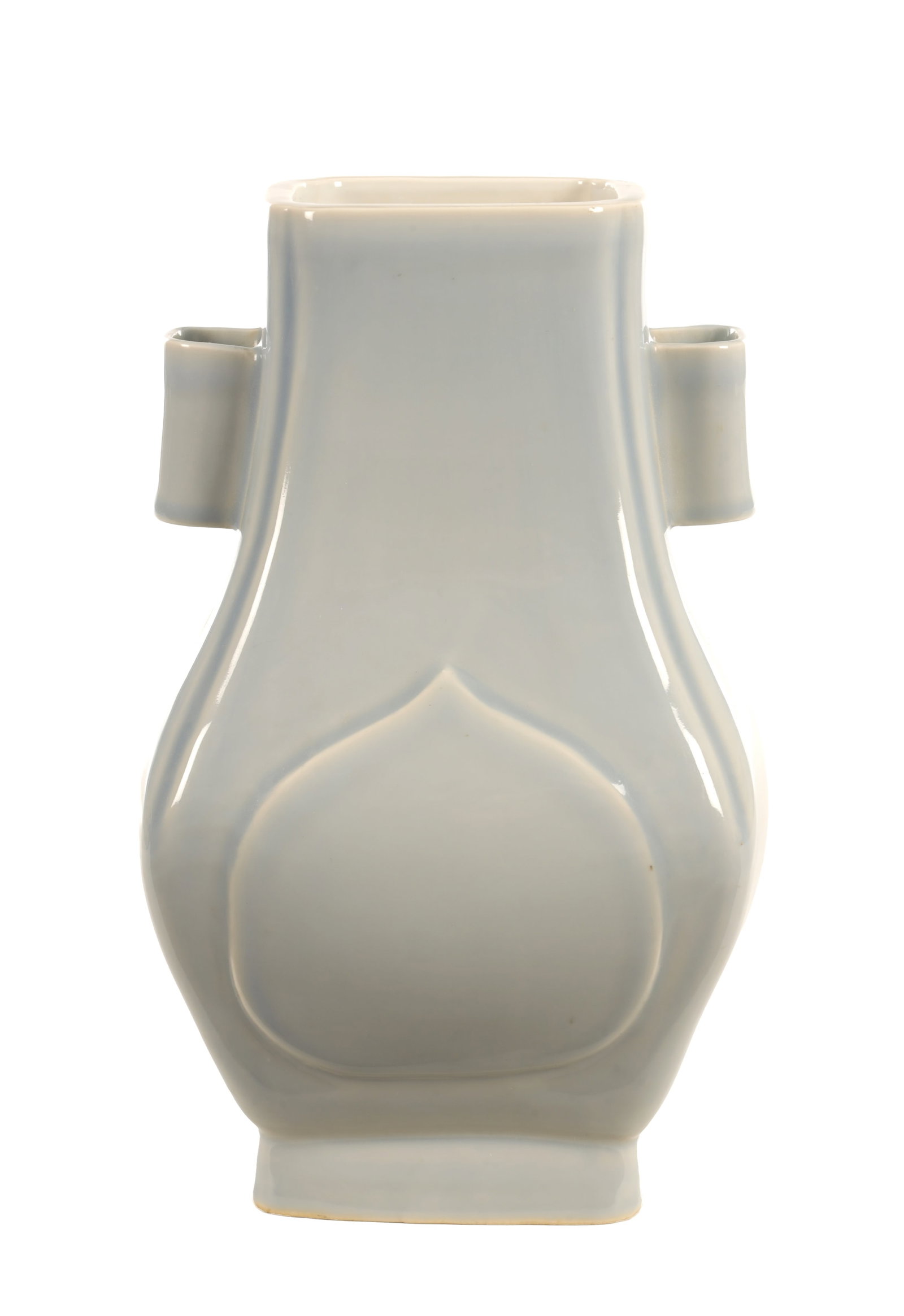 A CHINESE LAVENDER-BLUE GLAZED PORCELAIN FANGHU VASE: A CHINESE LAVENDER-BLUE GLAZED PORCELAIN FANGHU VASE of flattened pear-shaped body with moulded peach-form panel to each side, square rim and twin tubular lug handles, on a spreading rectangular foot