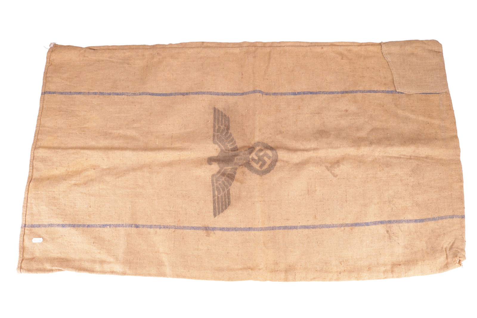 A WWII GERMAN CANVAS BREAD SACK DATED 1939: A WWII GERMAN CANVAS BREAD SACK DATED 1939 of rectangular sack form printed centrally with the Reichsadler and swastika emblem between twin blue woven bands. (127cm long)
