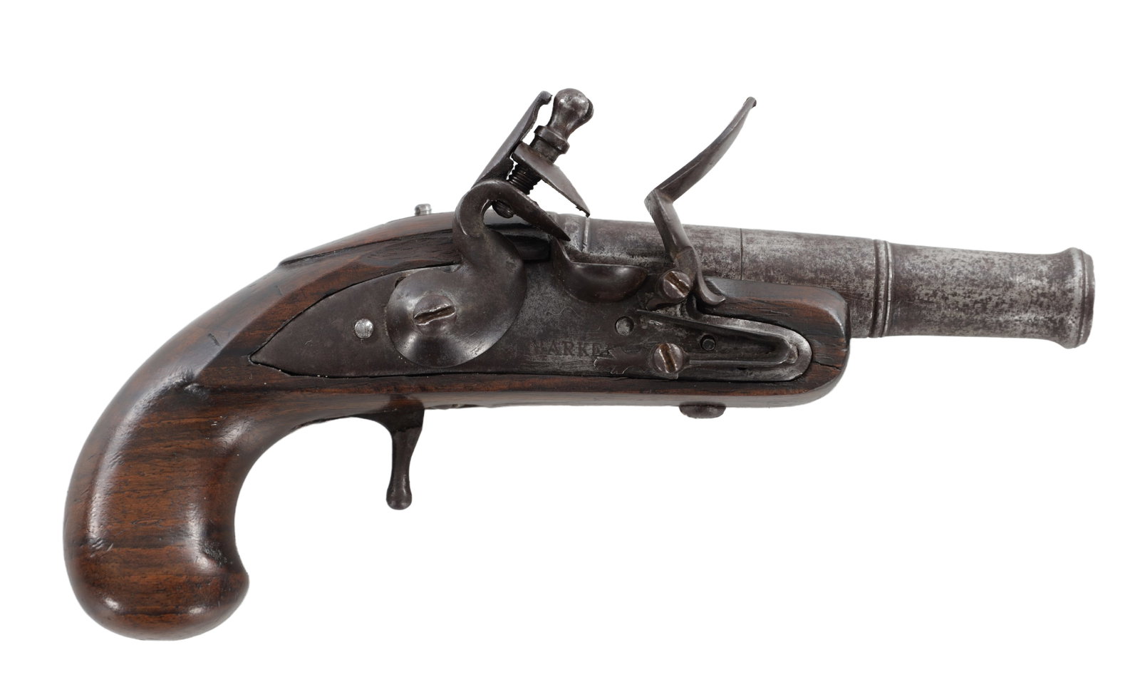 AN 18TH CENTURY C A 54-BORE FLINTLOCK POCKET PISTOL MADE BY BARKER: AN 18TH CENTURY C A 54-BORE FLINTLOCK POCKET PISTOL MADE BY BARKER with a turn-off steel barrel, the lock plate signed BARKER, with swan-neck cock, sliding safety and frizzen spring, the walnut stock
