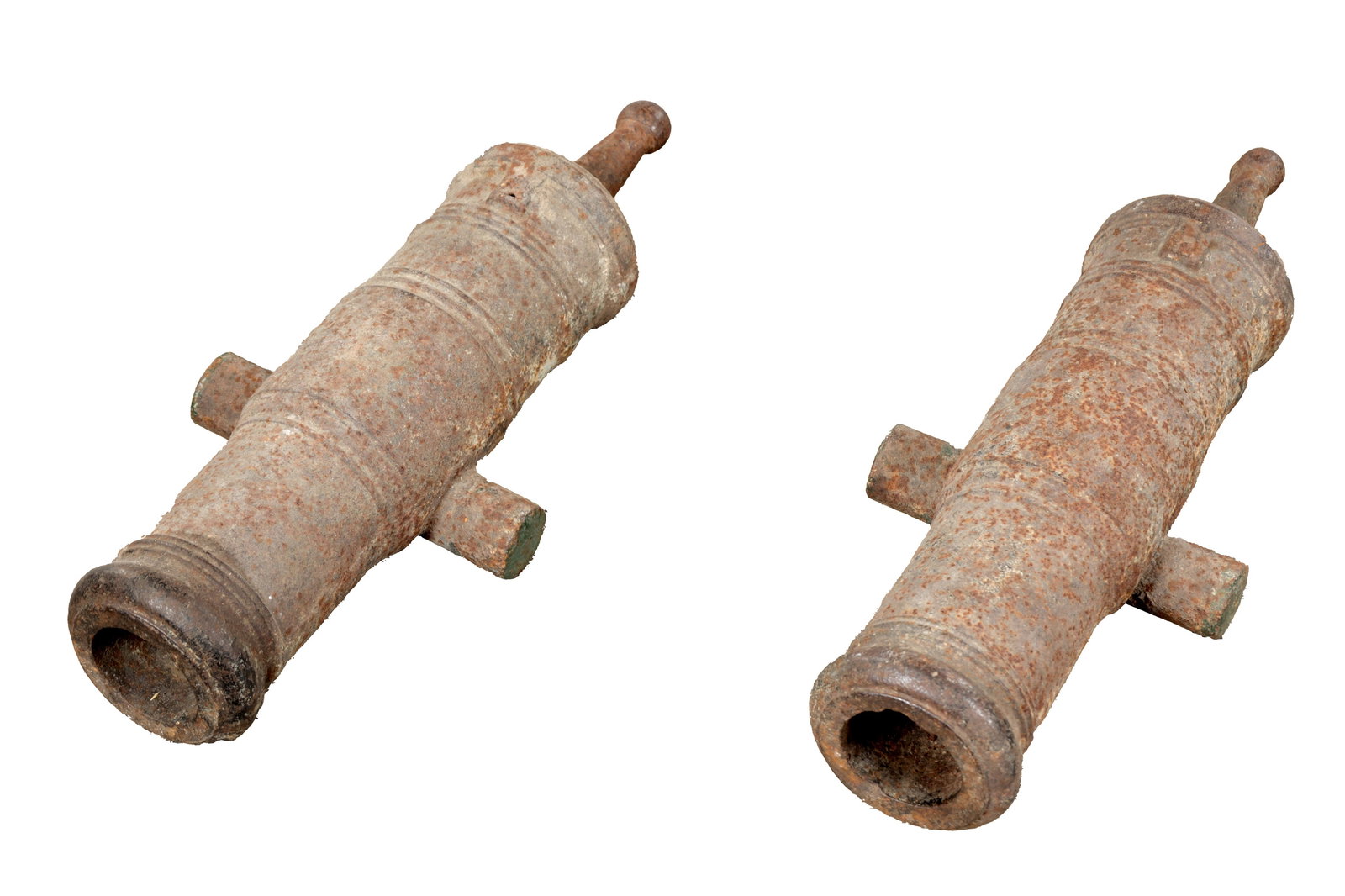 A PAIR OF 18TH CENTURY CAST IRON CANNON BARRELS: A PAIR OF 18TH CENTURY CAST IRON CANNON BARRELS with moulded muzzles, ringed reinforcement bands, trunnions and ball cascabels. (65cm overall, 8.5c bore)
