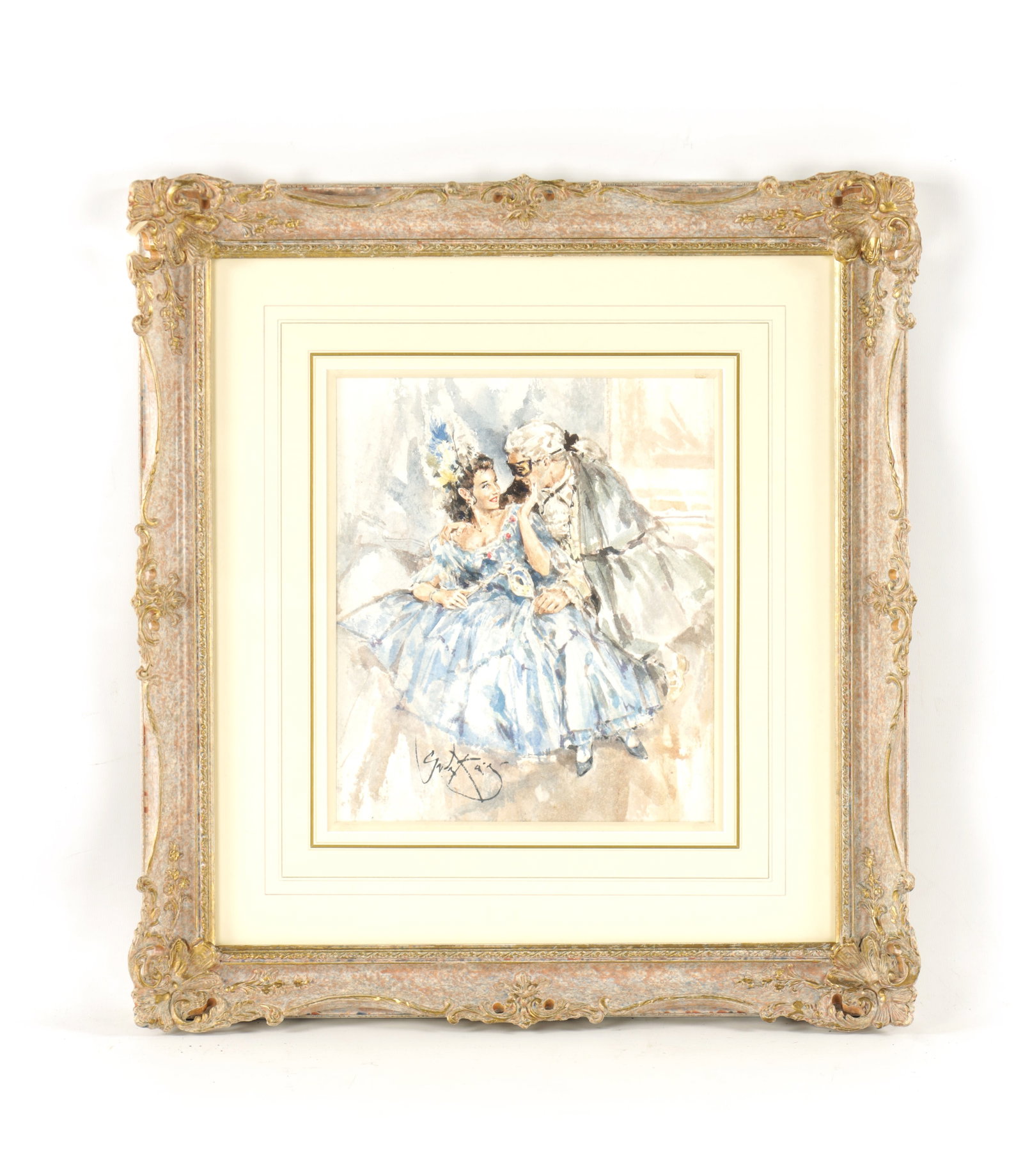 GORDON KING (b. 1939) WATERCOLOUR: GORDON KING (b. 1939) WATERCOLOUR. Romantic interior scene, signed lower left - mounted in a glazed limed swept frame. (27.5cm high, 23cm wide )