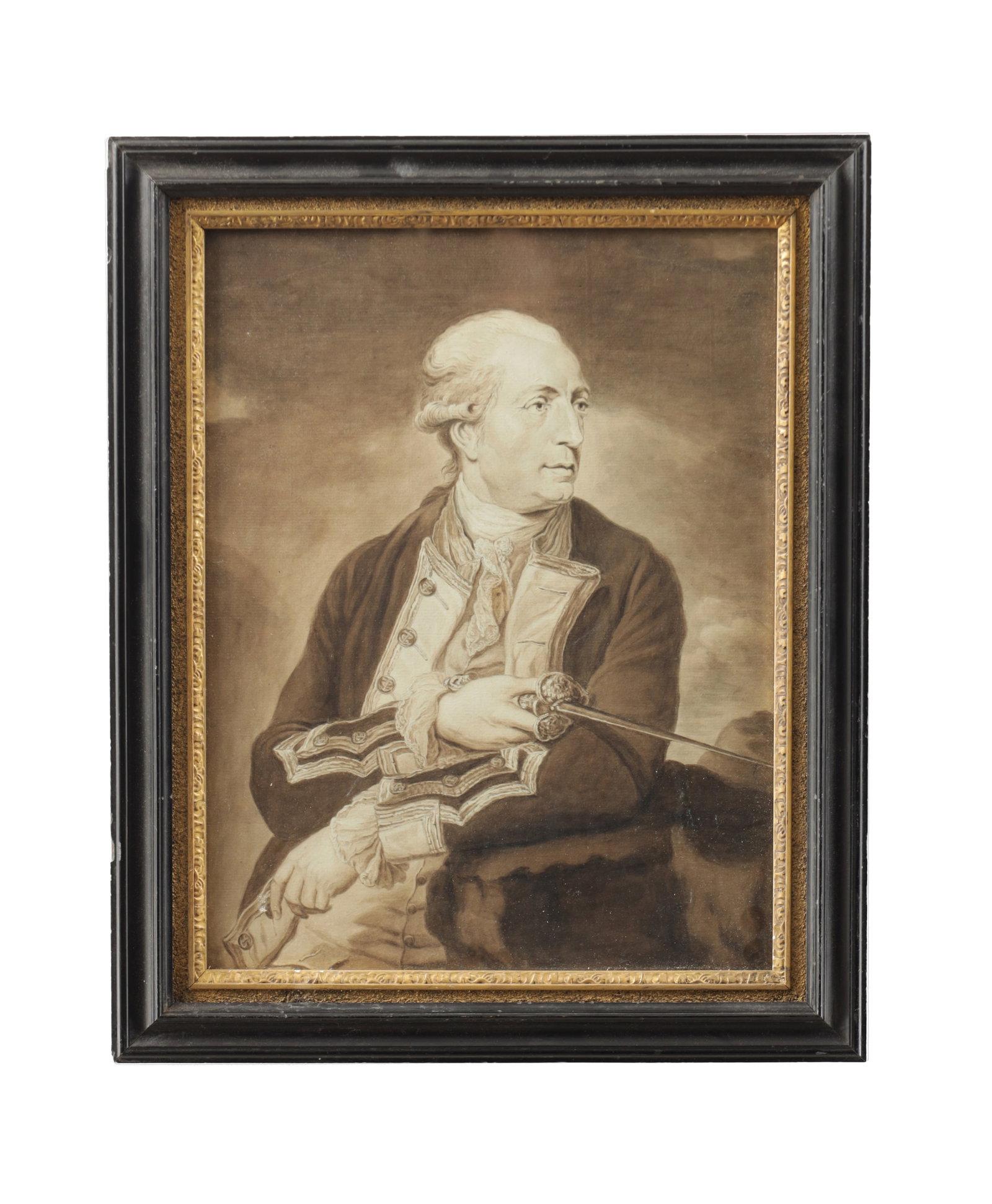 AN EARLY 19TH CENTURY WATERCOLOUR PORTRAIT OF CAPTAIN GEORGE FARMER: AN EARLY 19TH CENTURY WATERCOLOUR PORTRAIT OF CAPTAIN GEORGE FARMER depicting a half-length portrait of Captain George Farmer in naval uniform holding a sword, on a plain ground, unsigned and mounted