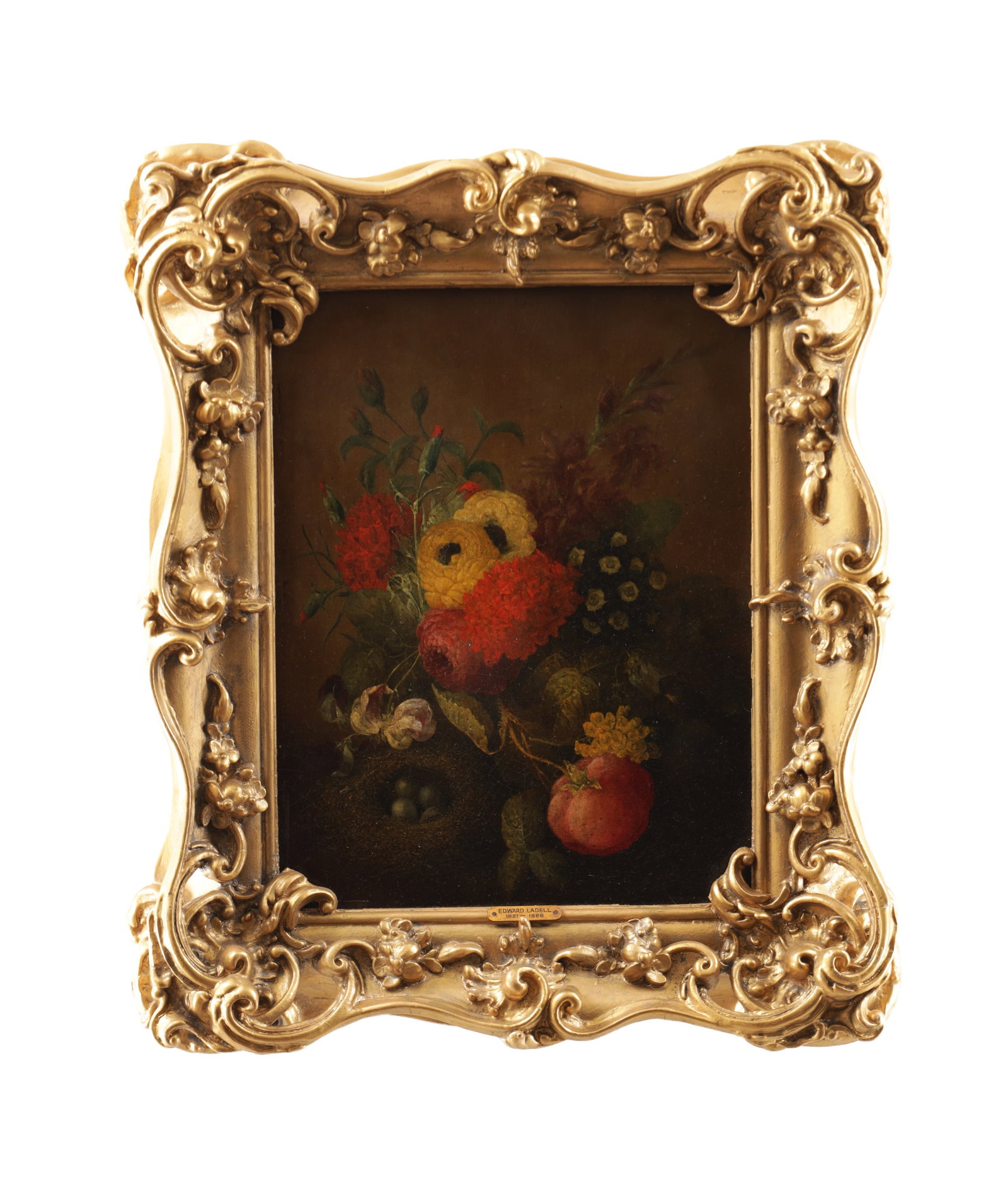 EDWARD LADELL (1821-1886). A 19TH CENTURY OIL ON BOARD STILL LIFE: EDWARD LADELL (1821-1886). A 19TH CENTURY OIL ON BOARD STILL LIFE depicting flowers with eggs in a nest - gilt swept frame (42cm high 32cm wide )