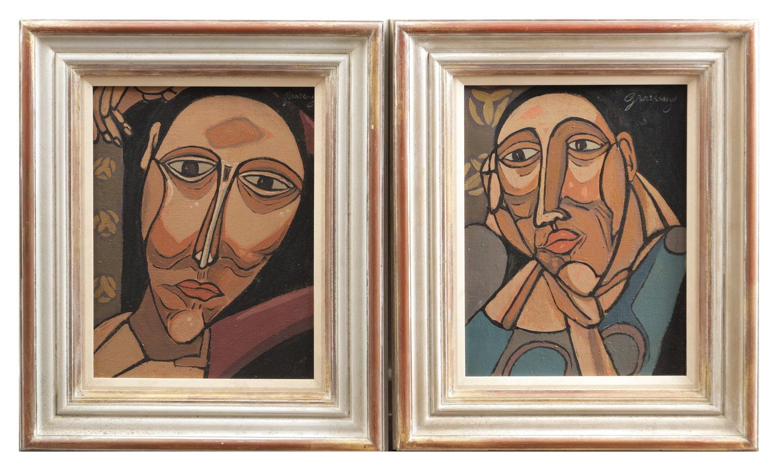 ROBERT GWATHMEY (AMERICAN, 1903-1988) A PAIR OF CUBIST PORTRAITS ON CANVAS: ROBERT GWATHMEY (AMERICAN, 1903-1988) A PAIR OF CUBIST PORTRAITS ON CANVAS each depicting a stylised head and shoulders both signed upper right and presented in painted moulded frames. (39cm high, 29c