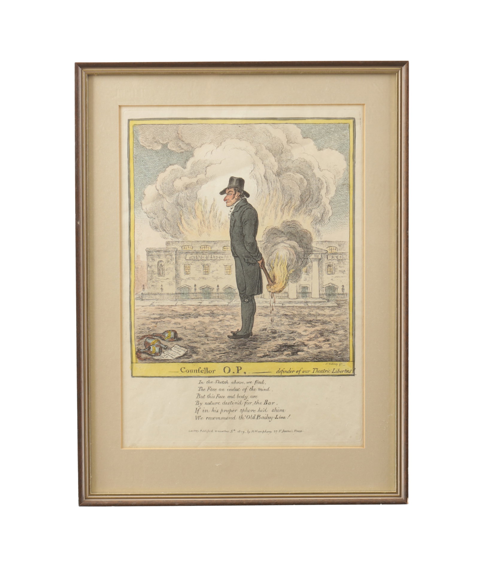 A 19TH CENTURY GILLRAY PRINT: A 19TH CENTURY GILLRAY PRINT titled 'Counsellor O.P.- Defender of our Theatric Liberties' created by the British caricaturist James Gillray in 1809. The picture depicts Henry Clifford, a barrister who