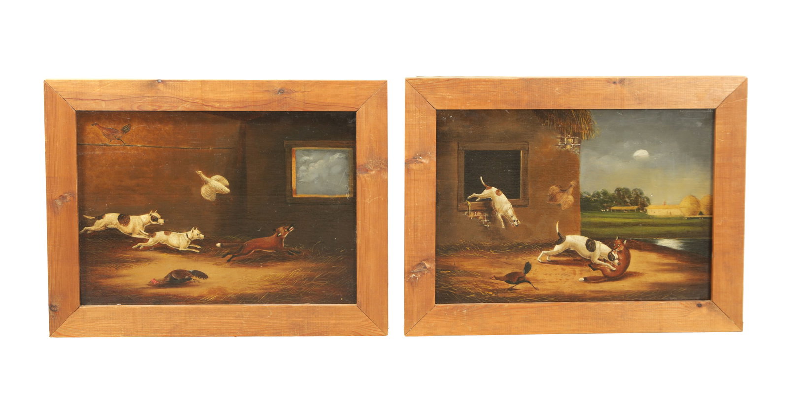 A PAIR OF 19TH CENTURY FOLK ART OIL ON BOARDS: A PAIR OF 19TH CENTURY FOLK ART OIL ON BOARDS depicting dogs chasing down a fox in a barn setting - mounted in pitch pine frames. (27.5cm high 39cm wide)
