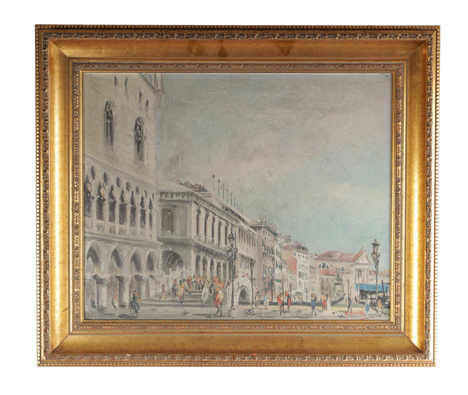 ANTONIO MISSINATO (ITALIAN) A 20TH CENTURY OIL ON CANVAS DEPICTING A VENETIAN STREET SCENE: ANTONIO MISSINATO (ITALIAN) A 20TH CENTURY OIL ON CANVAS DEPICTING A VENETIAN STREET SCENE Venice, the Doge's Palace and Molo with figures and waterfront activity, signed lower right, mounted in a gil